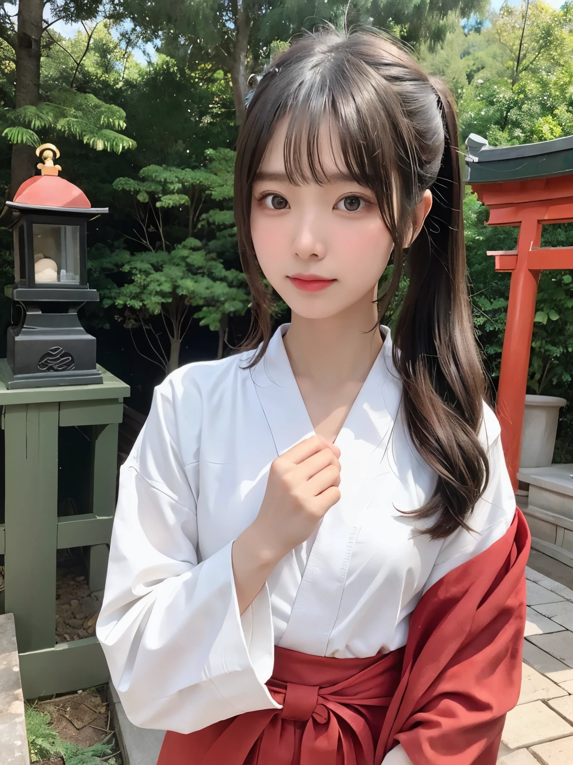 highest quality、8K、ultra high resolution、Super detailed face and eyes、Highly detailed face and skin texture、glowing skin、shiny skin、master piece:1.3、1 girl、super detail face、delicate eyes、double eyelid、whole body、full shot、short ponytail、20-year-old、brown hair、((shrine maiden、shrine maiden服、shrine、white clothes、red hakama、torii))、approach
