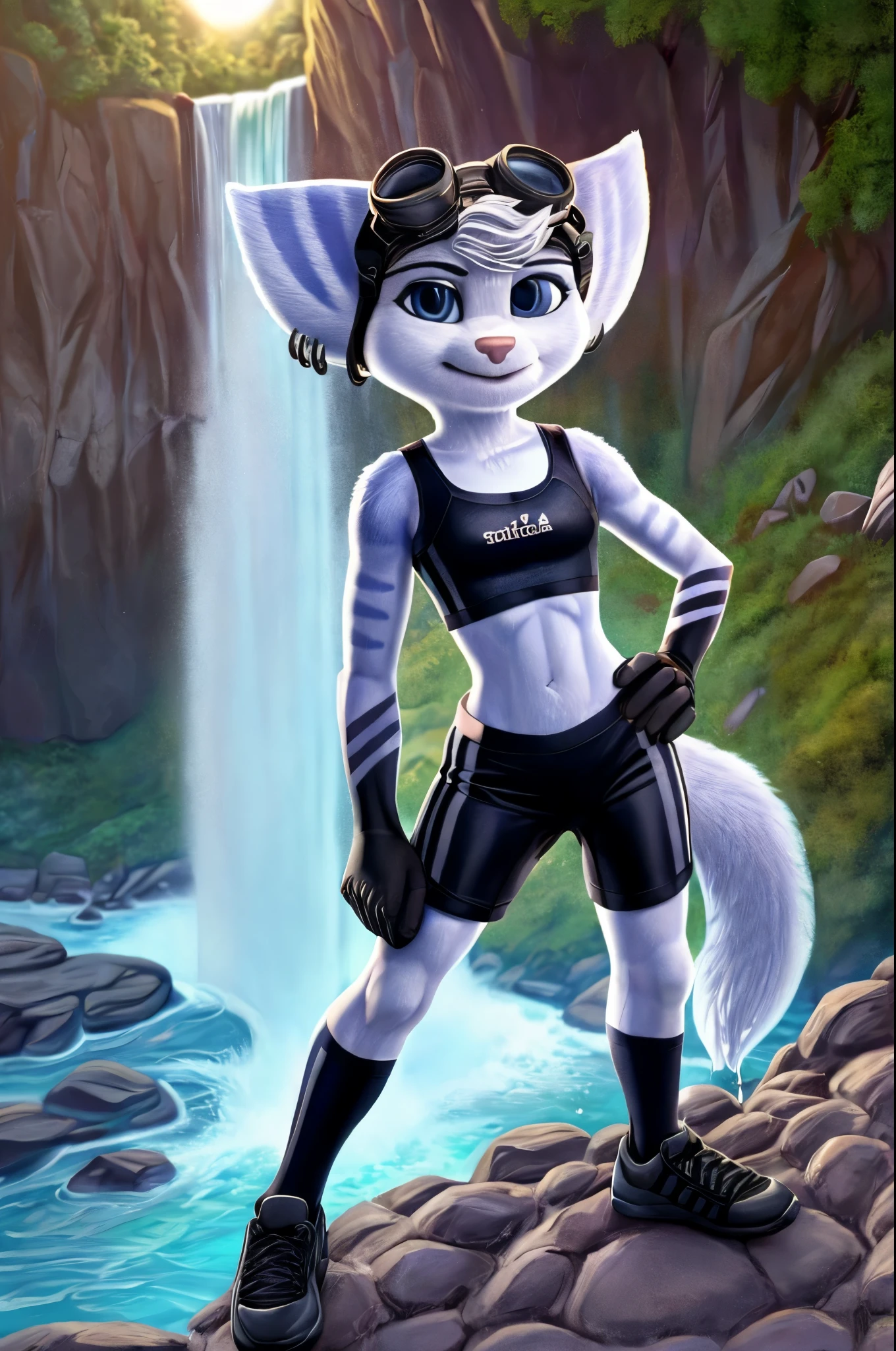 Rivet, tail, furry girl, young,adidas nylon gym shorts, adidas nylon sports bra , adidas sports shoues, giant waterfall in the background, evening sun in the background, on cliff, detailed body fur, detailed body, detailed eyes, detailed face, wet fur, skinny, high quality, masterpiece, small breasts, goggles, :D, looking at you, full body,