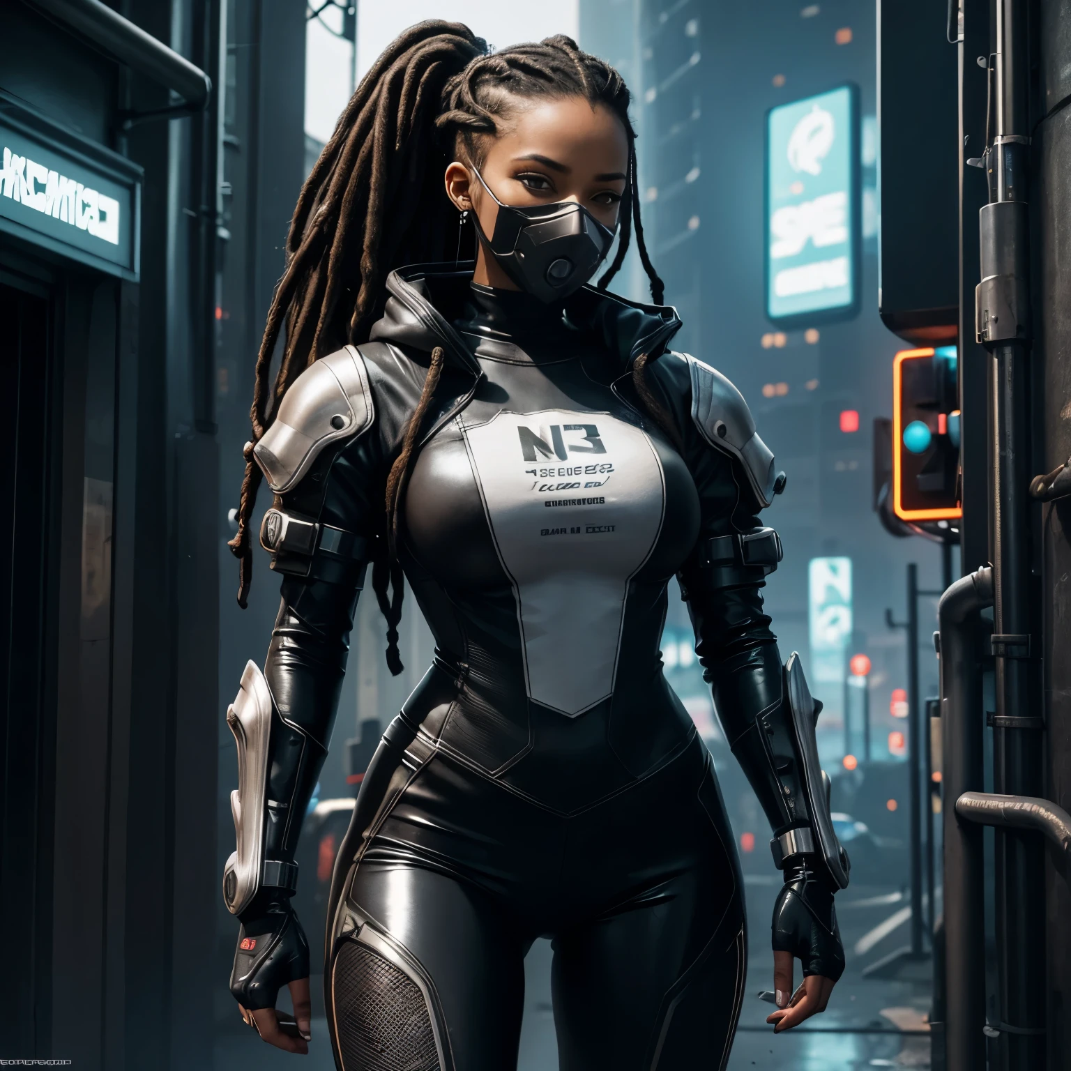 Femme noire, sweat à capuche, dreadlocks, cheveux blancs, latex, sur le toit, Android, néons, Cyberpunk city, hyper réaliste, meilleure qualité, mécha, androïde, Cyberpunk, Cyber, Science-fiction, Cyber armor, Style évangélique, Cyber arm, corps musclé, Cyber gaz mask on, holding a Cyber gun, post apocalyptic world,