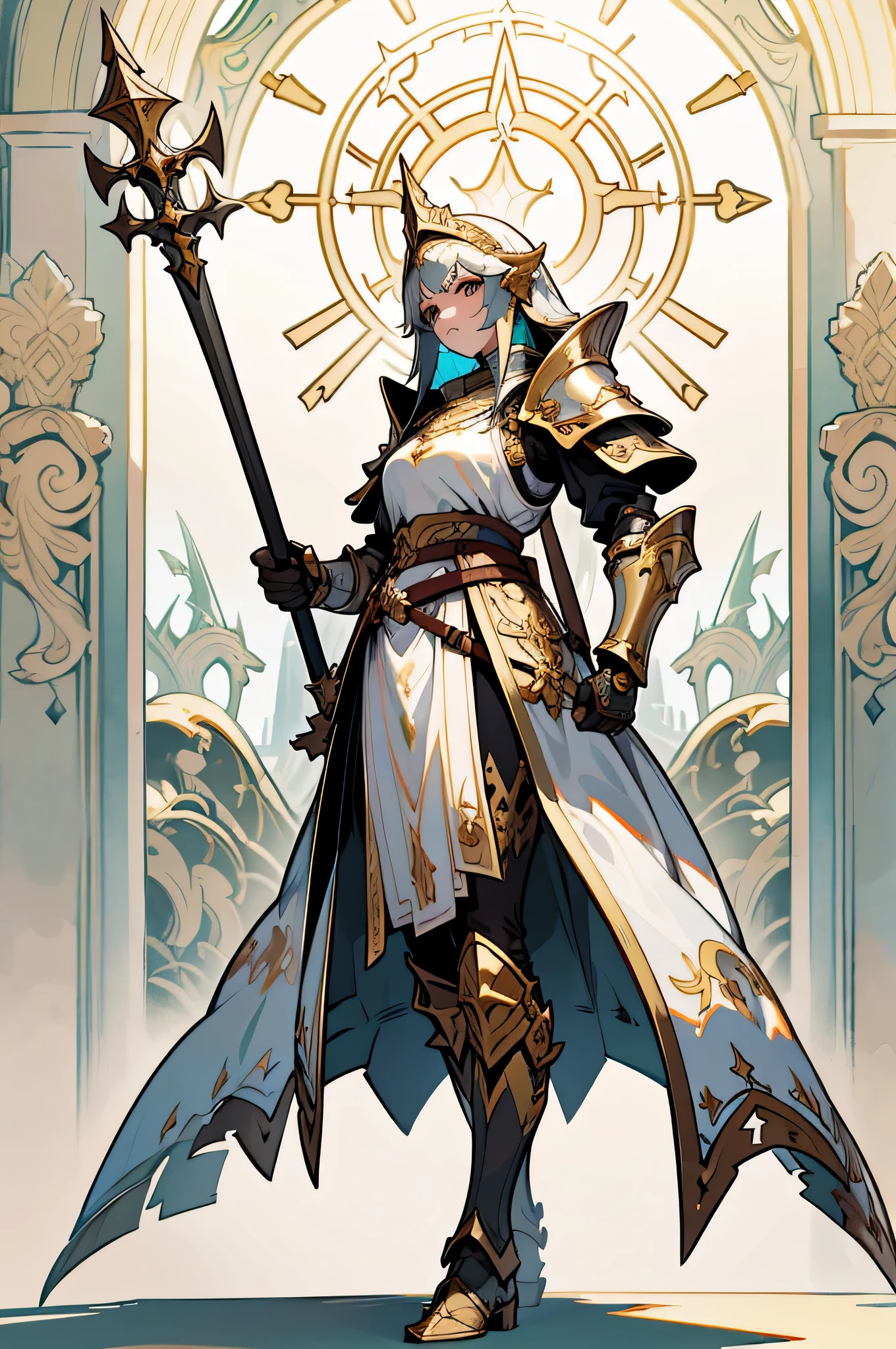 game character design，holy paladin，A tasteful, heavy armor envelops the whole body.，Helmet，He has a strong and splendid scepter.，heavy boots，（full body esbian：1.4），side，solid color background，pretty background，Depth of the bounds written，highlight，real light，ray tracing，oc rendering，surreal，best quality，8k，works of masters，super fine，detailed pubic hair，correct anatomy，Bokeh，Facial features are carefully drawn