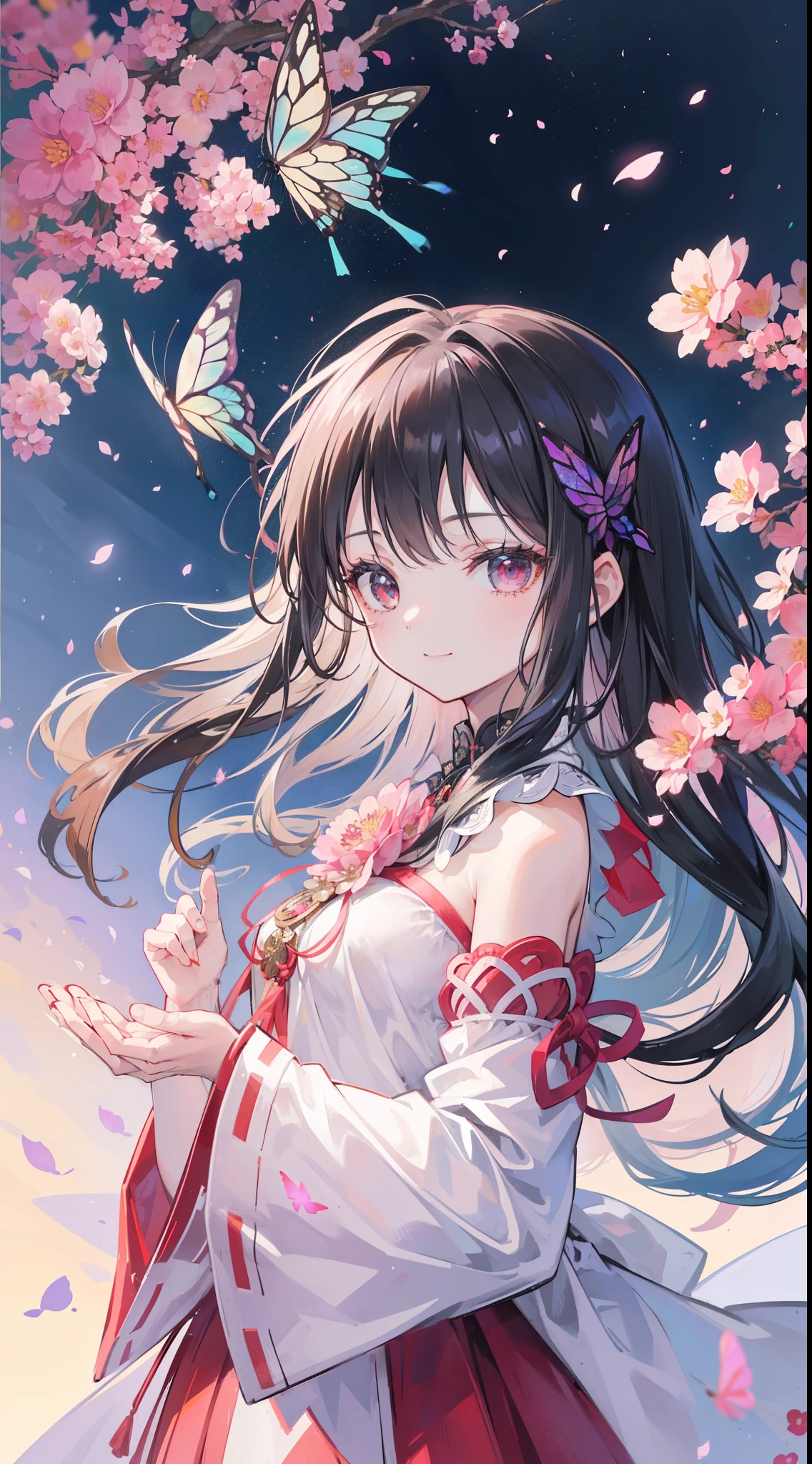 (32k), (highest quality, masterpiece),(1 girl, Miko, coat, expression face, black eye, look at the front ,black hair, walk, Upper body), (stray sky at night, huge old tree in the back, Shining pink petals fall behind, shrine in the back, mountain background, blowing wind, meteor cloud), (cute smile), (32k), (beautiful cute girl), (butterfly ornament), (butterfly dress), ((many butterflies)), (((background of many flowers
))), (((bright background))), (beautiful world), (cute world), smile, 