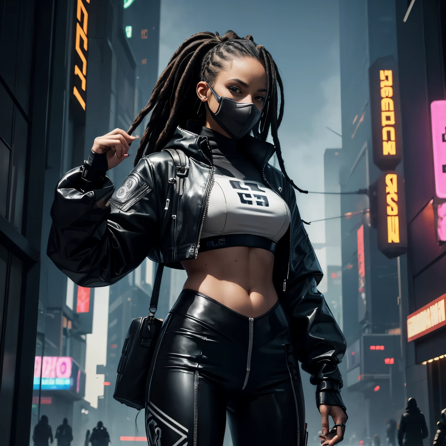 femme noire, sweat à capuche, dreadlocks, cheveux blancs, latex, sur le toit, Android, néons, Cyberpunk city, hyper réaliste, meilleure qualité, mécha, androïde, Cyberpunk, Cyber, Science-fiction, Cyber armor, Style évangélique, Cyber arm, corps féminin musclé, Cyber gaz mask on, holding a Cyber gun, Futuristic Cyberpunk city,