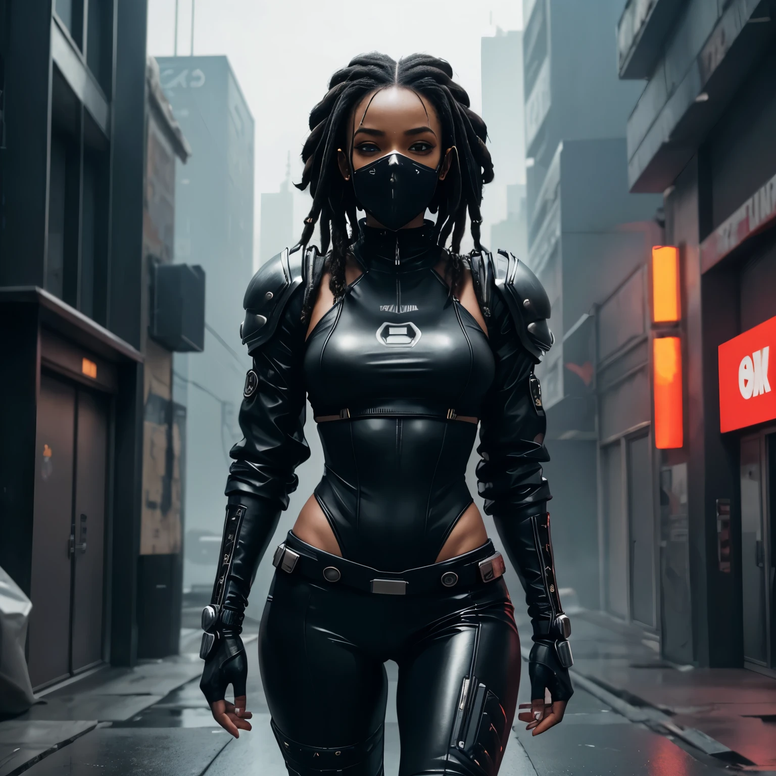 Femme noire, sweat à capuche, dreadlocks, cheveux blancs, latex, sur le toit, Android, néons, Cyberpunk city, hyper réaliste, meilleure qualité, mécha, androïde, Cyberpunk, Cyber, Science-fiction, Cyber armor, Style évangélique, Cyber arm, corps musclé, Cyber gaz mask on, post apocalyptic world,