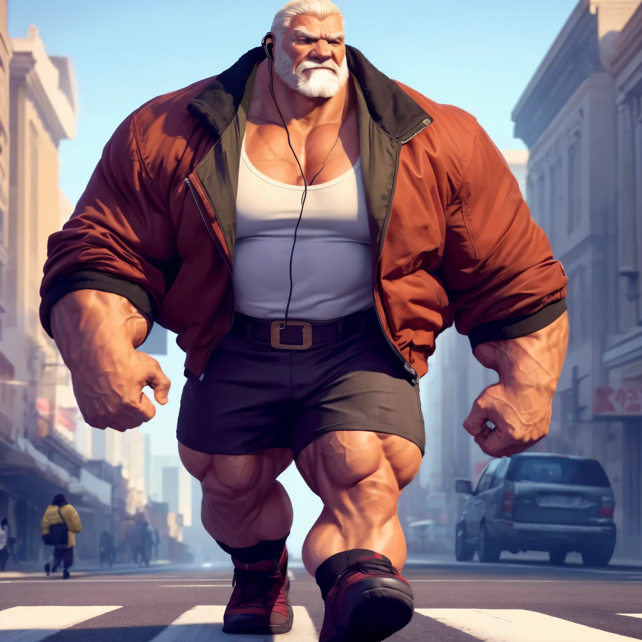 muscular old man walking in city, wearing jacket and short pants, wearing shoes, wearing earphone, detailed eyes, eyes, really big muscle, bigger muscle, very big muscular, over sized muscle, biggest muscle, big pec muscular, biggest pec muscle, detailed muscle, realistic rendering, CG realistic, 3d realistic, photography, background,