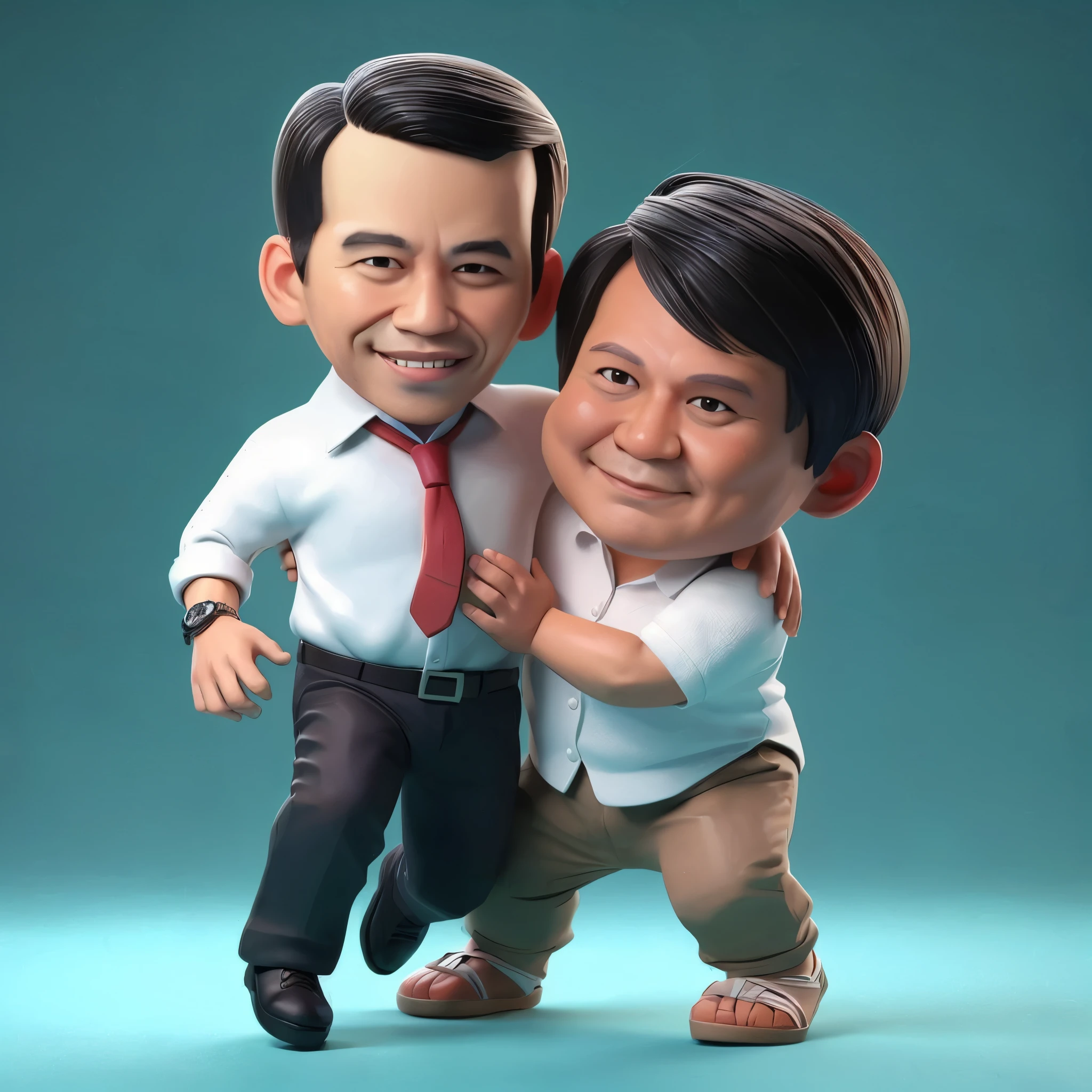 there is a cartoon of two men hugging each other, 3 d cartoon, caricature style, caricature illustration, by Willie Ito, ngai victo and dougherty patrick, yiqiang and shurakrgt, lee griggs and jason chan, by Eddie Mendoza, jin shan and ross tran, in cartoon style, caricature, 3d statue!!!, big head