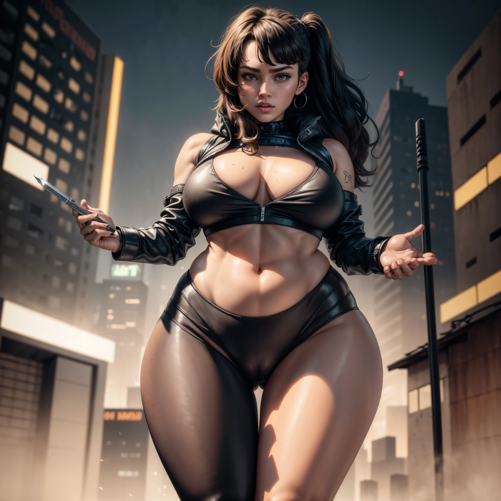 (best quality,4k,8k,highres,masterpiece:1.2),ultra-detailed, Woman body defined thick thighs cybernetic body parts, HDR, 8k, absurdres, cinestill 800, sharp focus, add_detail:2, (solo, woman) Blade Runner Los Angeles, distopian cyberpunk city at night, gyaru, mesh top, leggings, leather jacket