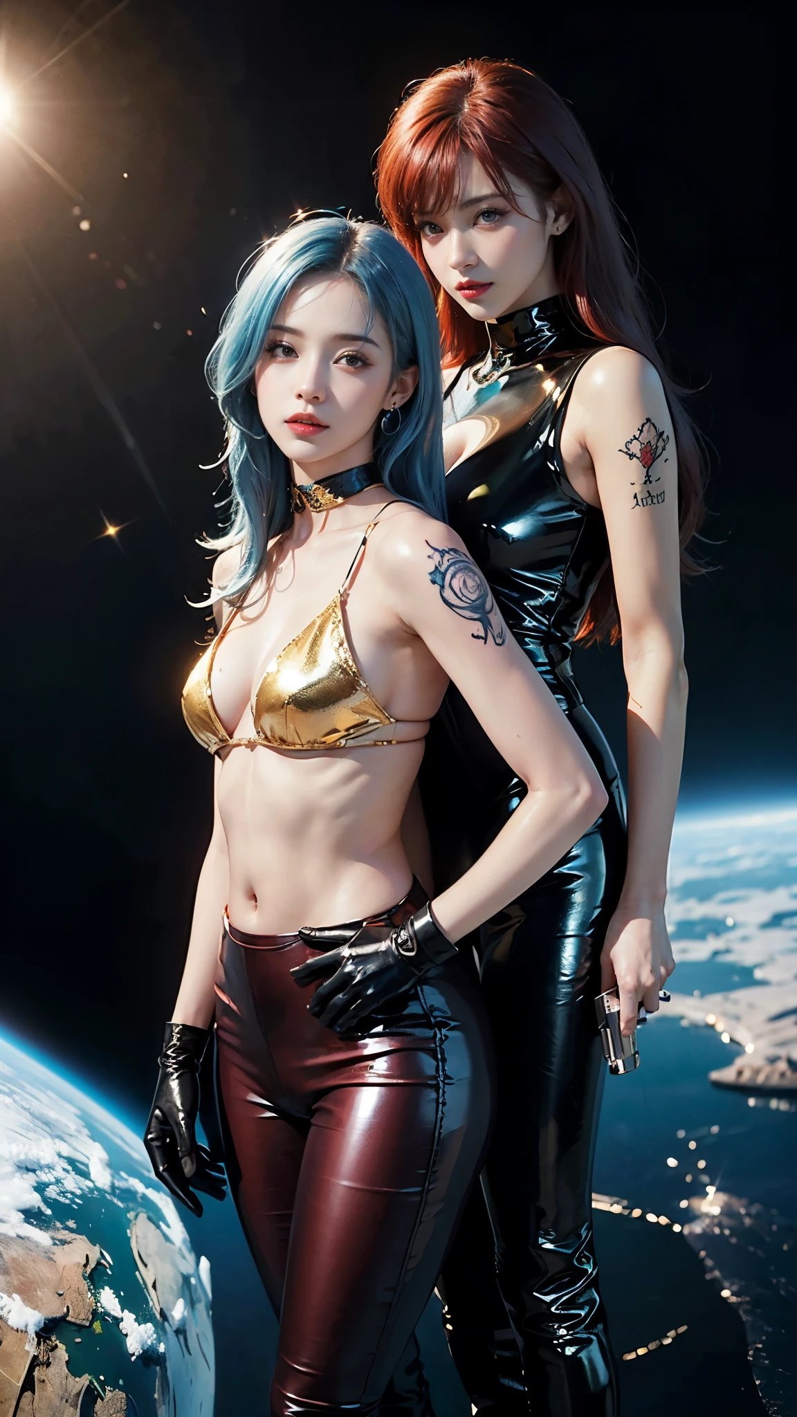 ((masterpiece:1.4)、(highest quality:1.4)、(realistic:1.7))、master piece:1.4、(Finest rendering:1.4)、beautiful girl dirty pair、(Beautiful Space Investigator Dirty Pair:1.4)、Kei and Yuri space investigator duo、(Kei and Yuri are cute girl names:1.2)、two investigators, Kei and Yuri stand side by side...、(Written by Luis Royo:1.4)、(hold a gun:1.2)、Body fit sexy investigator duo uniform、(Luxurious shiny latex:1.4)、(white sleeveless uniform jacket)、(Underwear Red Sexy Super Ultra Bikini)、(luxury red latex:1.4)、19 years old、(cute tattoo:1.4)、(wearing white gloves)、(two cute girls:1.4)、Super beautiful、sharp focus、portrait photography:1.4、8k、realistic photo images:1.4、(perfect female body:1.4)、perfect proportions、sexy couple、(Upper body photography:1.4)、beautiful face、(beautiful skin:1.4)、beautiful eyes、narrow waist、(Beautiful girl with long legs and good style:1.4)、beautiful feet、(Kei has red hair:1.4)、(Yuri has blue hair:1.4)、(long hair:1.2)、beautiful breasts、big breasts:1.2、sexy butt、Raw photo、red lips、red high heels:1.4、choker:1.4、necklace:1.4、earrings:1.4、1 screen display、cyberpunk city:1.2