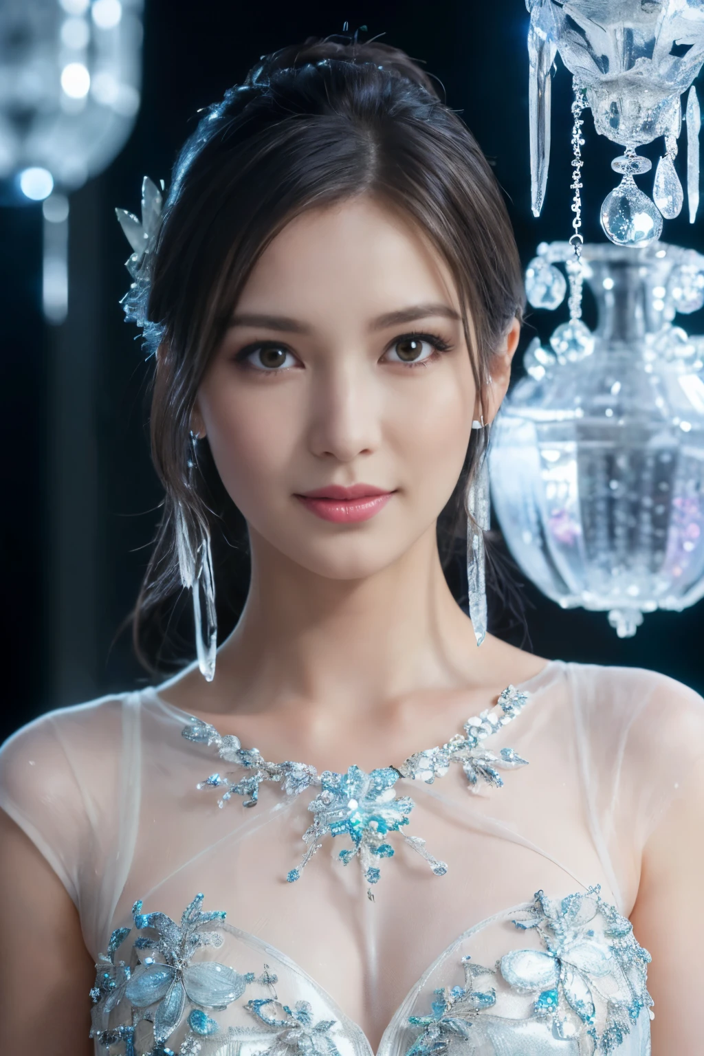((table top:1.4, highest quality)), (realistic pictures:1.4),
((1 girl)),
(超High resolution:1.2), very delicate and beautiful, wonderful,
Highly detailed CG Unity 8k wallpaper, Super detailed, High resolution, soft light,
beautiful detailed girl, highly detailed eyes and face, beautifully detailed nose, beautiful and detailed eyes,
(wearing a dressed up costume:1.4),
cinematic lighting, perfect anatomy, slender body, thin chest,
(ice castle guest room, Ice Room, ice furniture, ice chandelier, lit up in the dark:1.3), (A fantastic world of ice and light, transparency of ice, The aesthetics of light refracting through ice:1.3), (A world of inorganic beauty where everything is covered in icicles and frozen.:1.3), Beautiful,
cowboy shot, looking at the viewer, smile