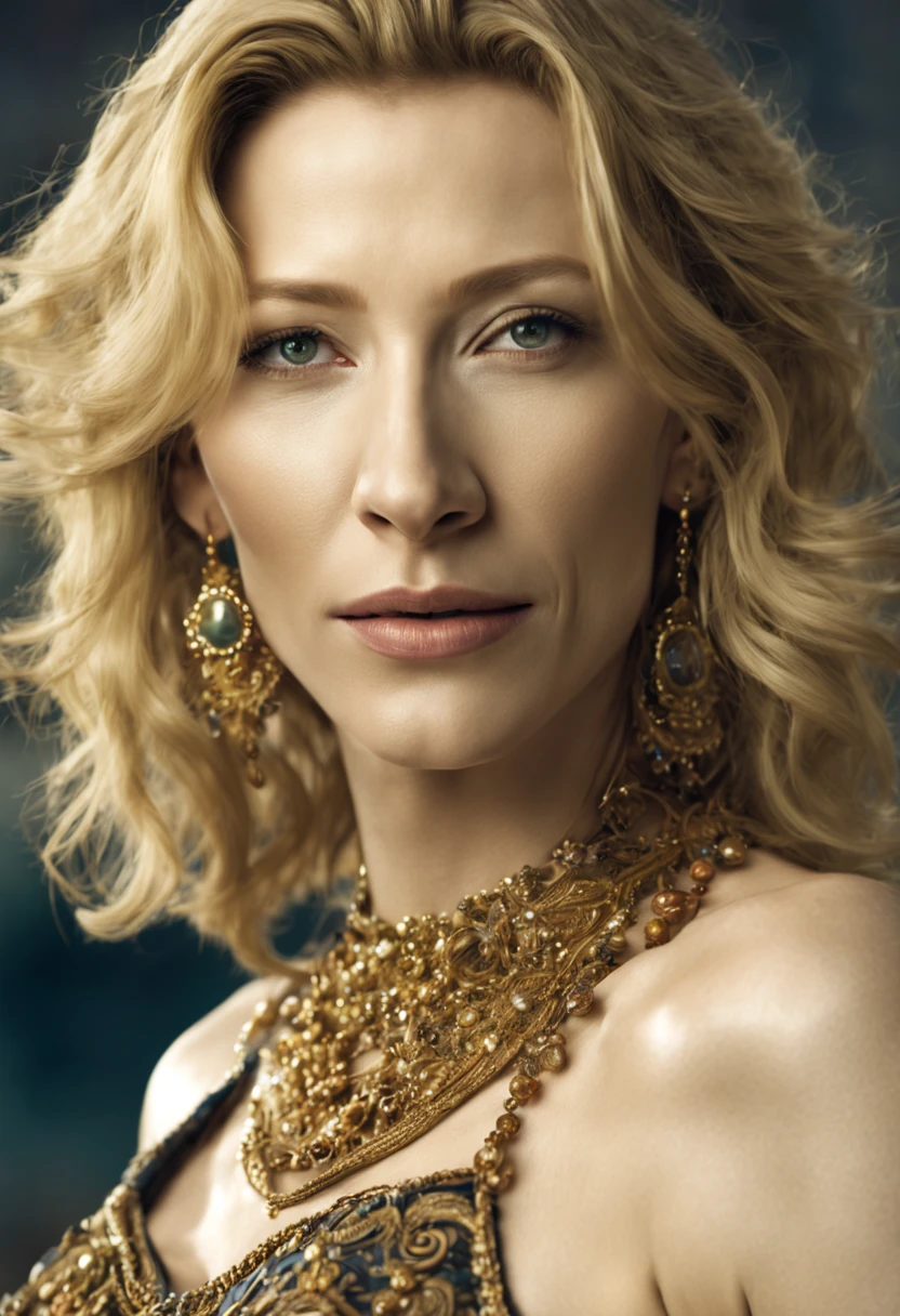 (cate blanchett, 30 years old woman), is a bikini clad seductress with many jewels on golden chains accentuating her curves, lots of alluring henna body paint, in a Conan movie, she is on a moonlit beach with a lavish silken bed and jewel pavilion, she is walking past the viewer and looking back over her shoulder, mesmerizing, hypnotic, alluring, zoom out, show entire body, show all of her, no nudity, safe for work, proper anatomy, double check anatomy