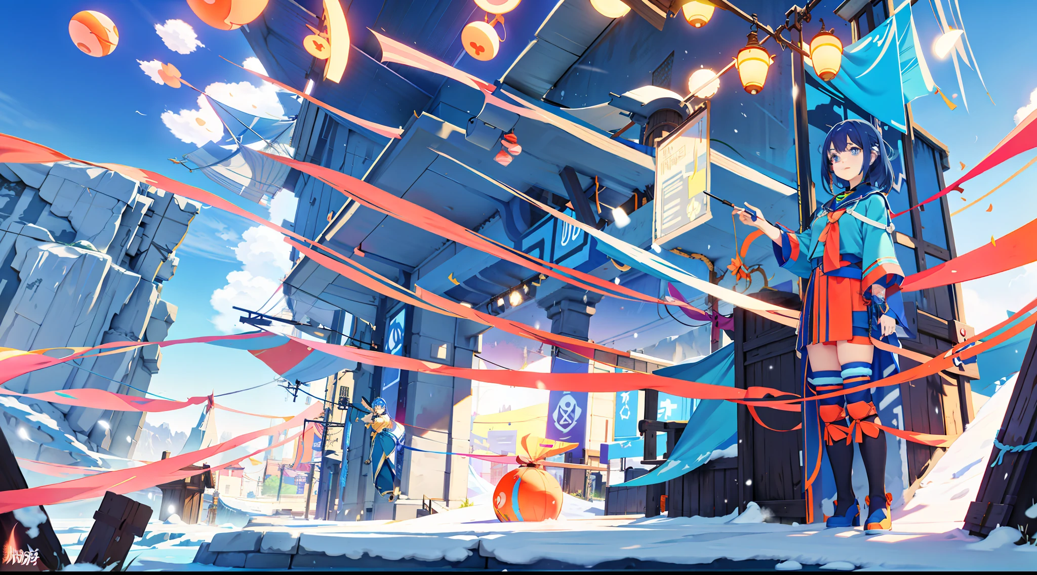 Anime girl in blue clothes standing in front of a building with orange streamers, winter concept art, anime landscape concept art, anime background art, stylized concept art, mirror edge art style, Detailed scene, hyper Detailed scene, random background scene, highly Detailed scene, painterly concept art, Atei Gailan 8K, colorful anime movie background, concept art style