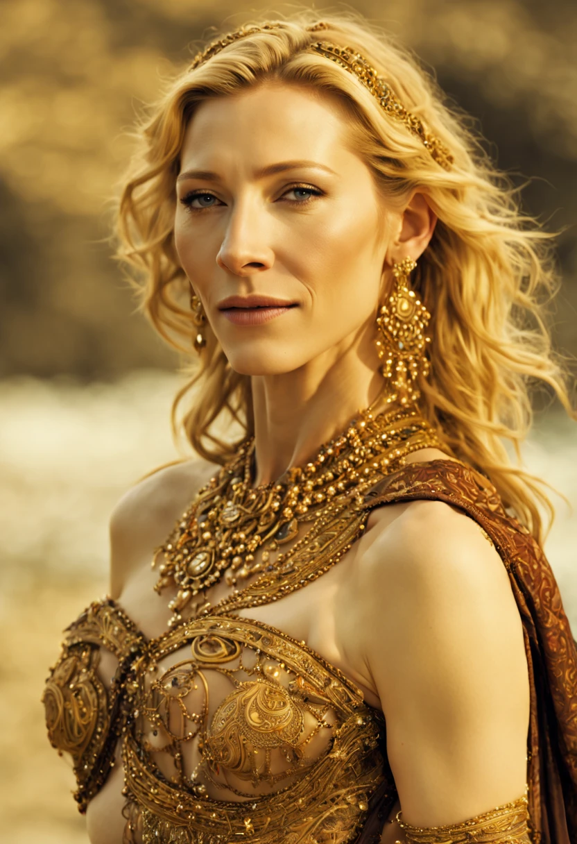 (cate blanchett, 30 years old woman), is a bikini clad seductress with many jewels on golden chains accentuating her curves, lots of alluring henna body paint, in a Conan movie, she is on a moonlit beach with a lavish silken bed and jewel pavilion, she is walking past the viewer and looking back over her shoulder, mesmerizing, hypnotic, alluring, zoom out, show entire body, show all of her, no nudity, safe for work, proper anatomy, double check anatomy