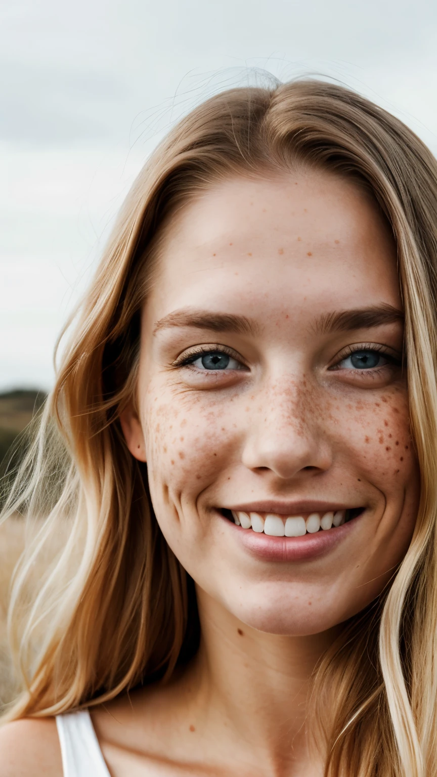 beautiful 45 years lady, (Little freckles), big smile, brown hazel eyes, Long hair, blond color hair, no makeup, hyperdetailed photography, soft light, head and shoulders portrait, cover