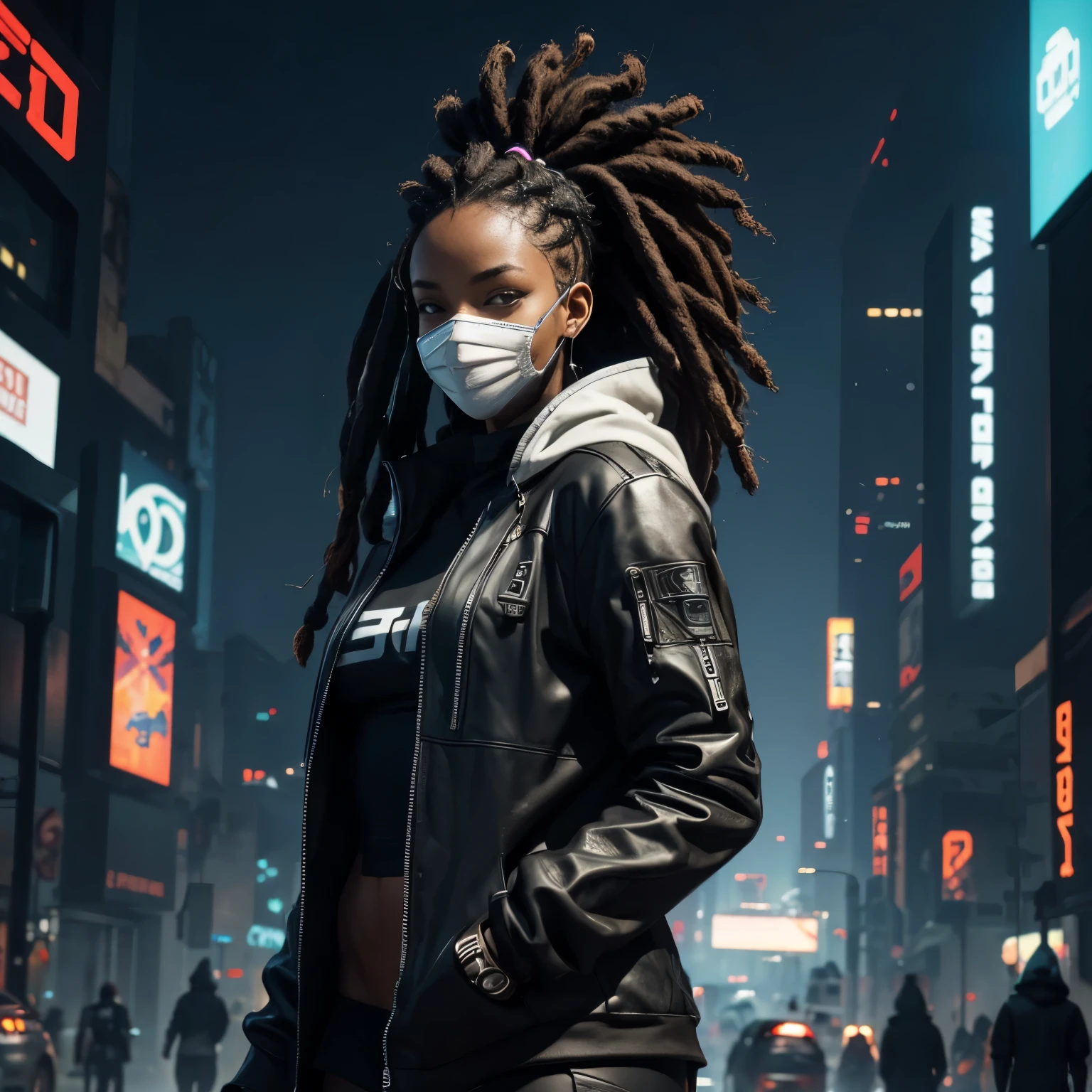 Femme noire, sweat à capuche, dreadlocks, cheveux blancs, habit tribal, sur le toit, Android, néons, Cyberpunk city, hyper réaliste, meilleure qualité, mécha, androïde, Cyberpunk, Cyber, Science-fiction, Cyber armor, Style évangélique, Cyber arm, corps musclé, Cyber gaz mask on, post apocalyptic world,