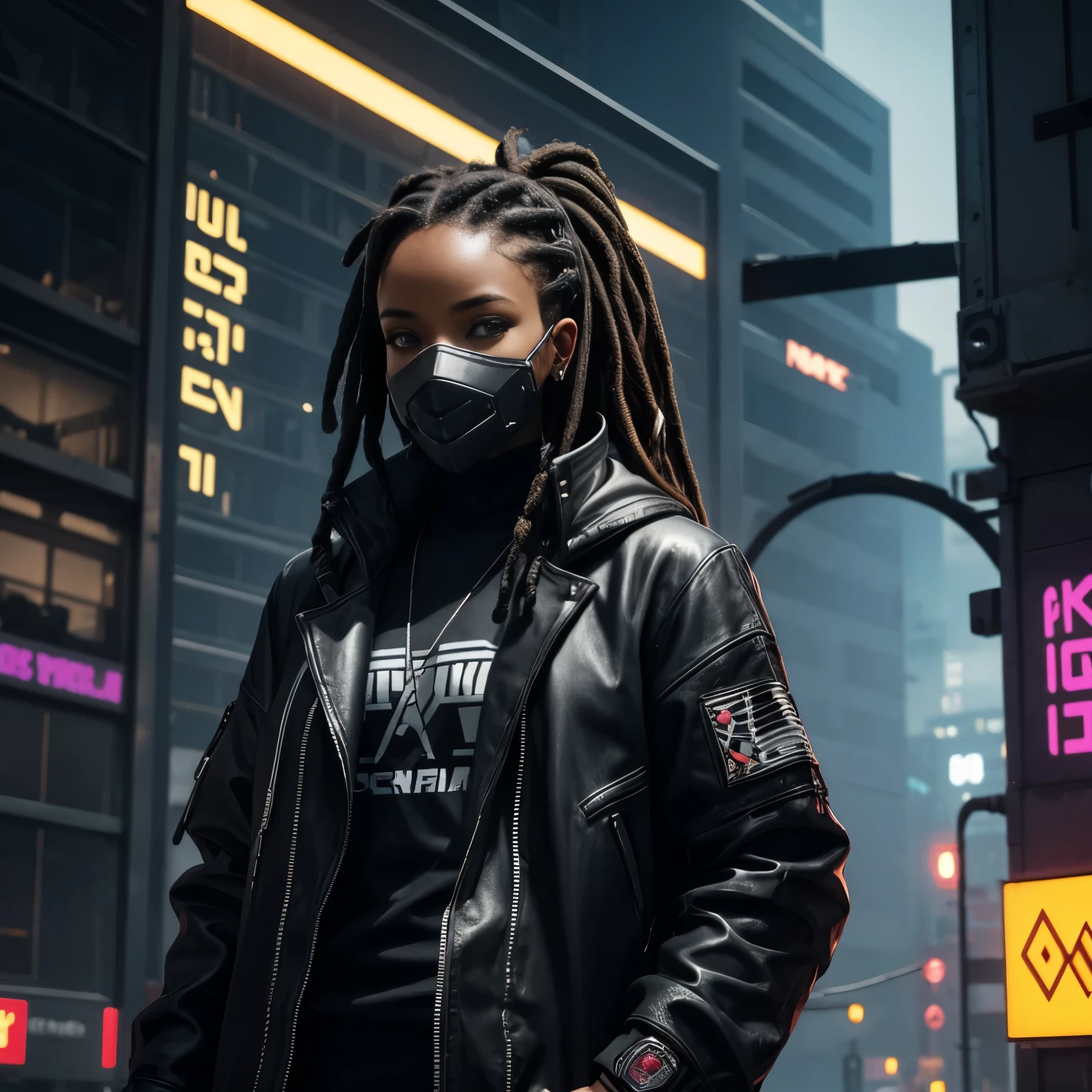 Femme noire, sweat à capuche, dreadlocks, cheveux blancs, habit tribal, sur le toit, Android, néons, Cyberpunk city, hyper réaliste, meilleure qualité, mécha, androïde, Cyberpunk, Cyber, Science-fiction, Cyber armor, Style évangélique, Cyber arm, corps musclé, Cyber gaz mask on, post apocalyptic world, 