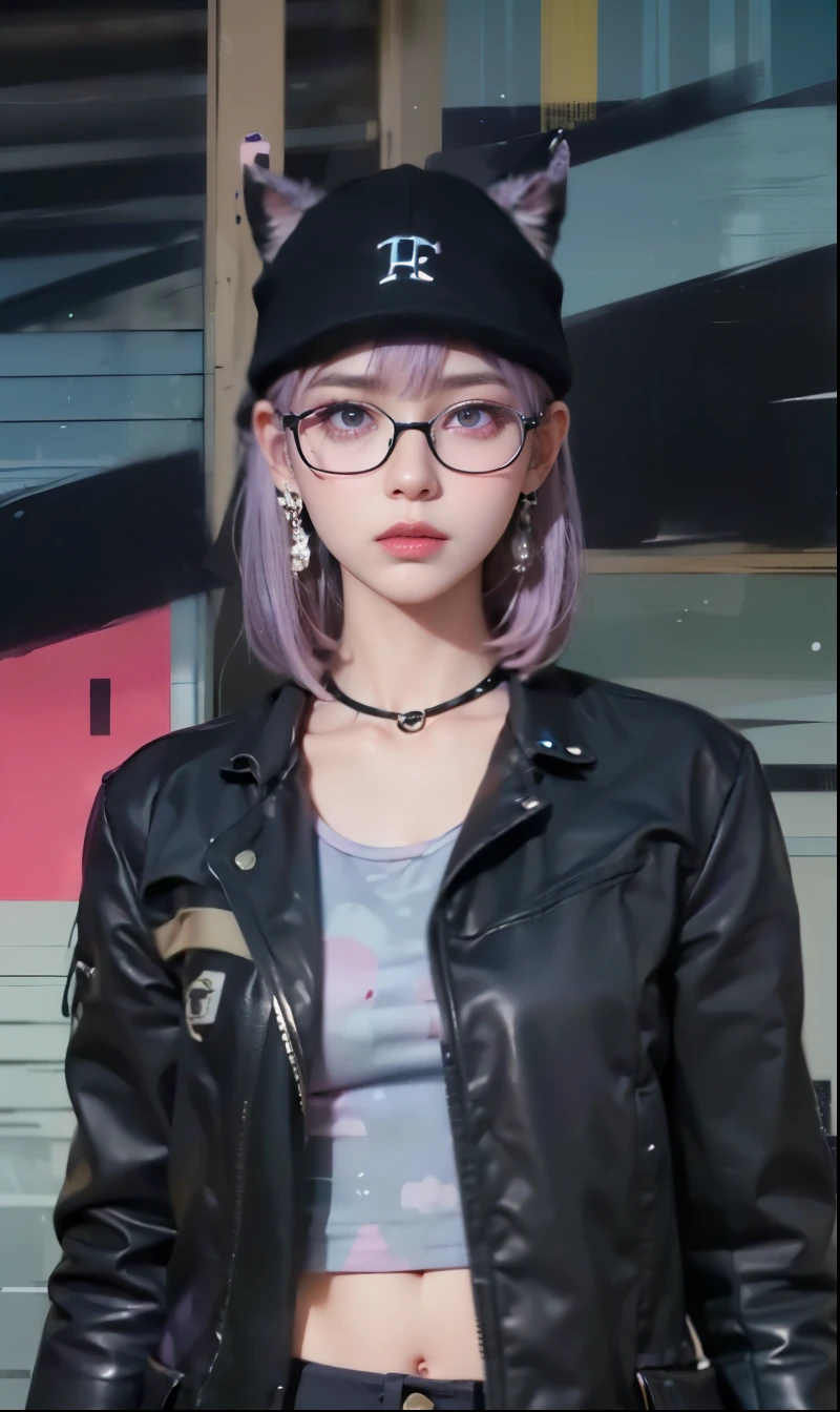 (巨作),estilo dos desenhos animados,ultra high-detail,Dressed in Red sabrina neck shirt,(Short ear-length hair:1.2),Large pale gray eyes,(Purple hair color+Pale pink rimmed glasses+Black card issue:1.4),Detailed depiction snap detail,The camera tilts slightly behind the character,Light dusk,Candy tones,Circular garland detail on top of figure,Look up into the distance,Campus buildings depicted in detail behind it。(Light Blue left pupil+Light Green Right Pupil eye color)