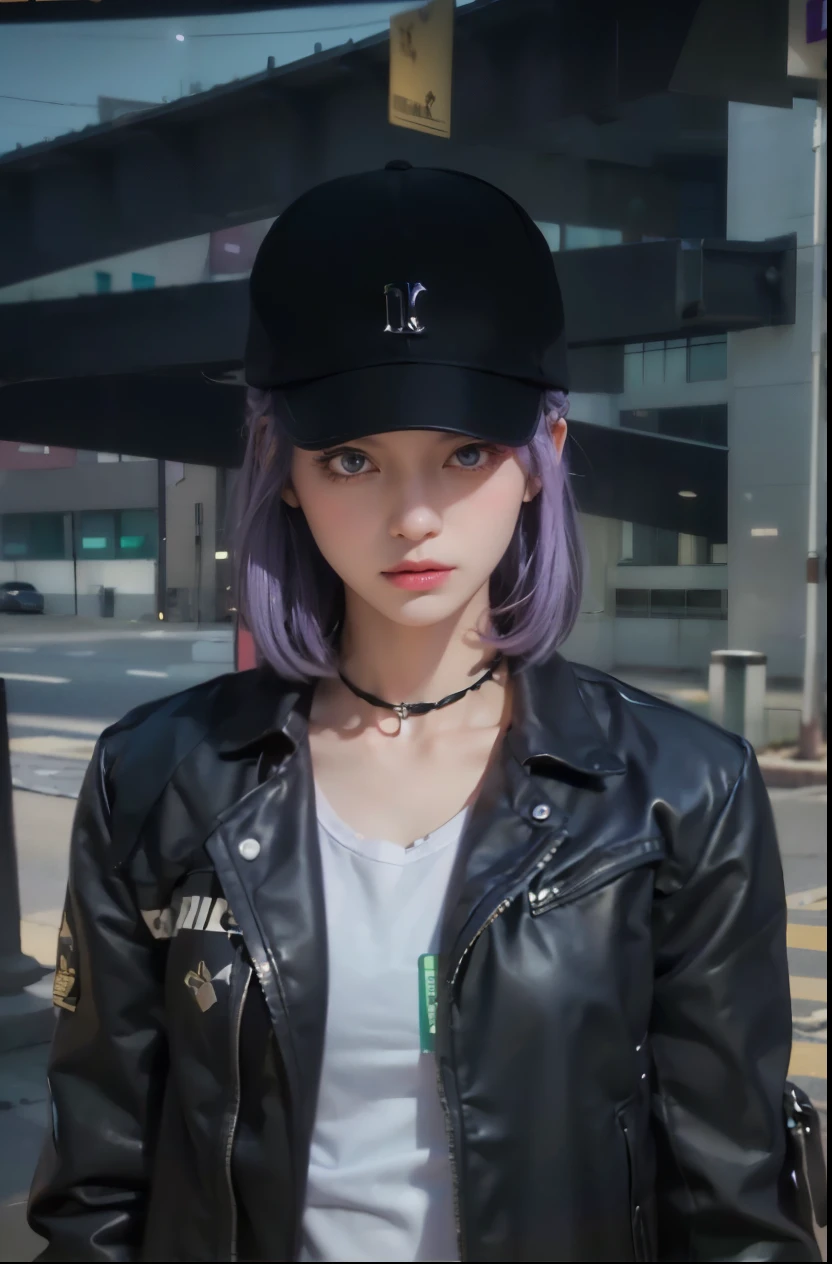 (巨作)，estilo dos desenhos animados，ultra high-detail，Dressed in Red sabrina neck shirt,(Short ear-length hair:1.2)，Large pale gray eyes,(Purple hair color+Black card issue:1.4)，Detailed depiction snap detail，The camera tilts slightly behind the character，Light dusk，Candy tones,Circular garland detail on top of figure，Look up into the distance，Campus buildings depicted in detail behind it。(Light Blue left pupil+Light Green Right Pupil eye color)
