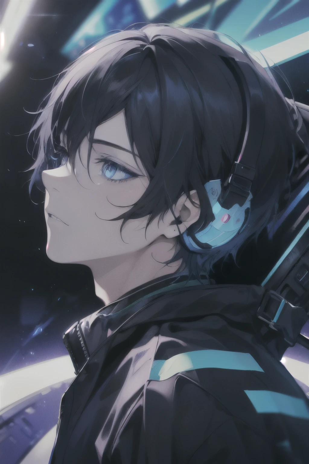 1boy, black hair, blue eyes, electric blue eyes, wearing a black cyberpunk spacesuit with purple accents, starship racer, high res, ultrasharp, 8k, masterpiece, see his face through the helmet lense, determined expression, focus is in front of him as he races, photo is from his side angle
