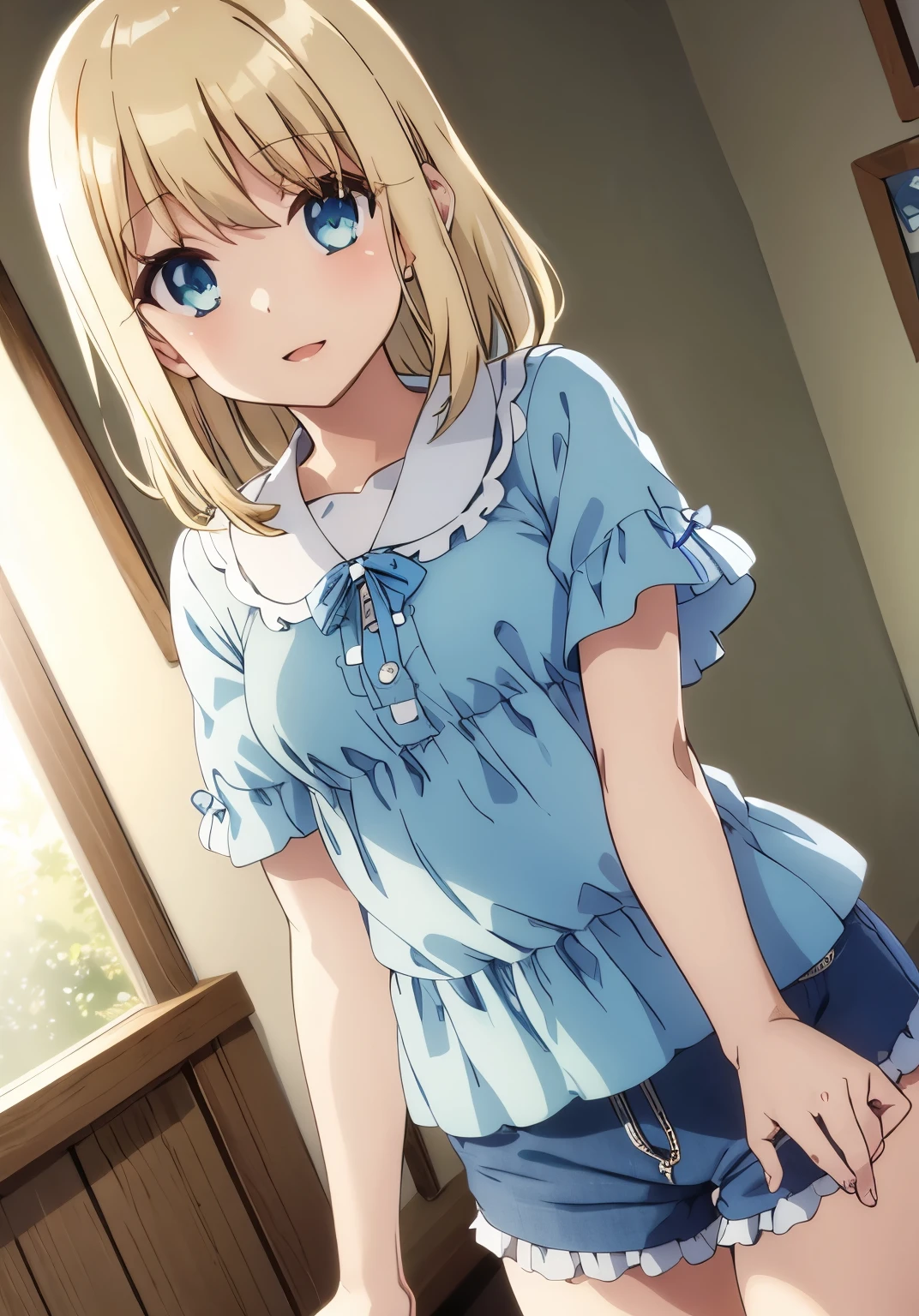 highest quality、one girl、Wave blonde、blouse with white frills、blue plaid peplum shorts、Room clothes