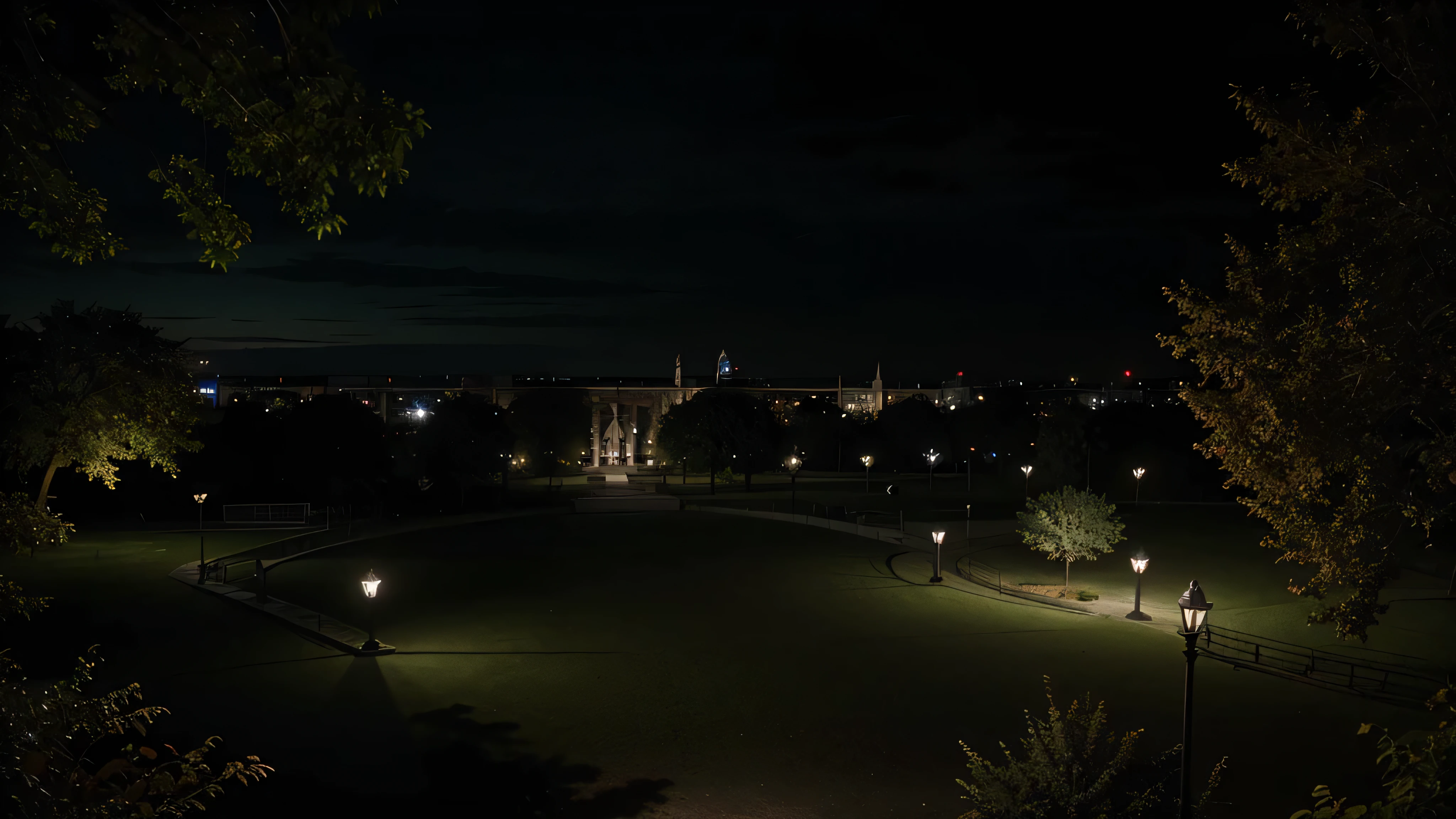 deserted city park, night scene, birds eye, Hyperdetailed, photography, soft light, realistic, gothic, dark moody atmosphere