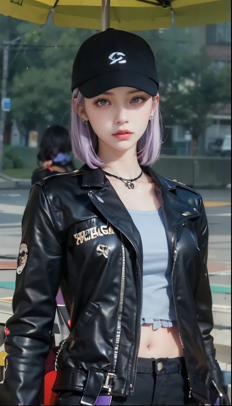 (巨作),estilo dos desenhos animados,ultra high-detail,Dressed in Red sabrina neck shirt,(Short ear-length hair:1.2),Large pale gray eyes,(Purple hair color+Black card issue:1.4),Detailed depiction snap detail,The camera tilts slightly behind the character,Light dusk,Candy tones,Circular garland detail on top of figure,Look up into the distance,Campus buildings depicted in detail behind it。(Light Blue left pupil+Light Green Right Pupil eye color)