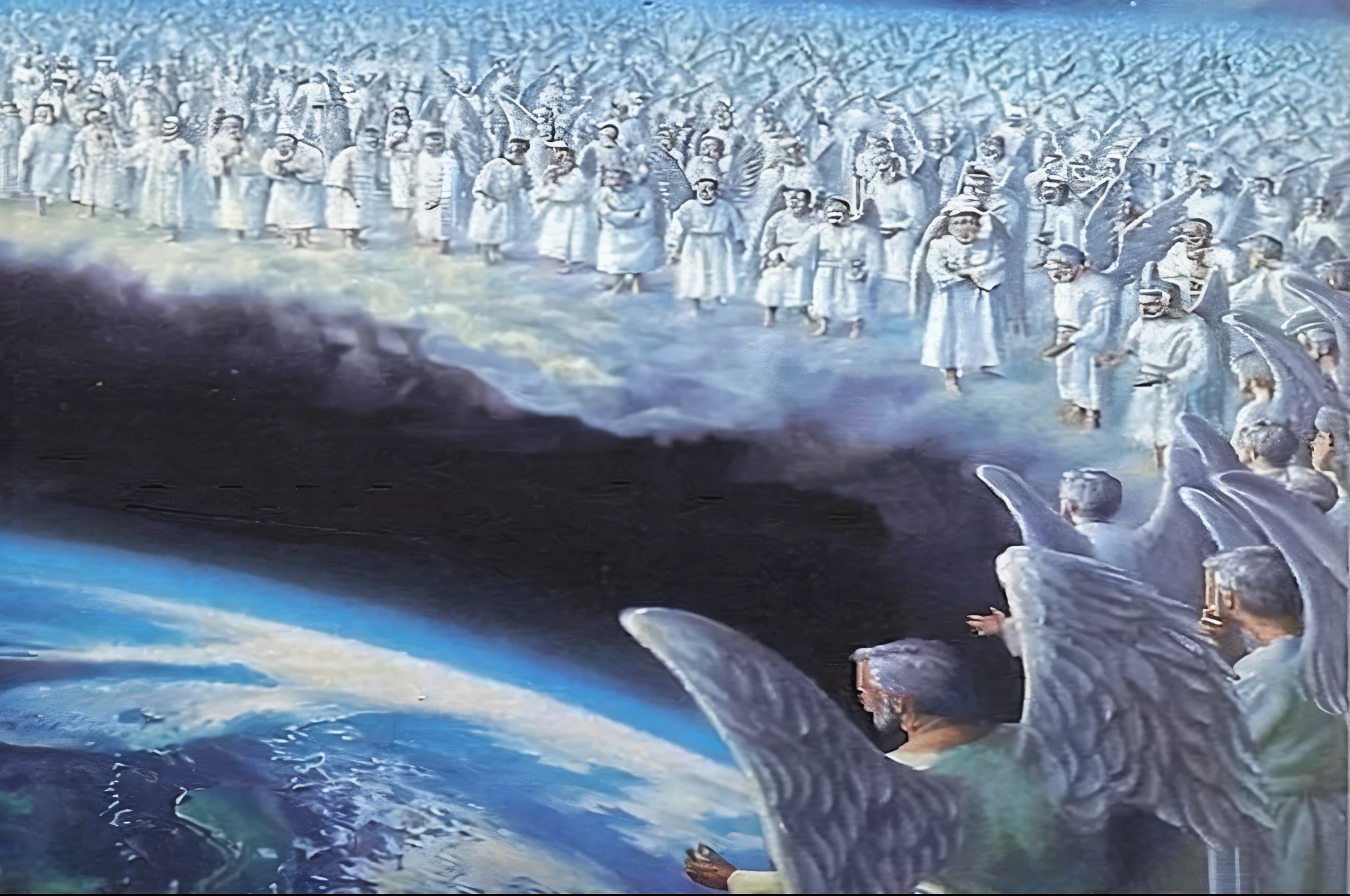 painting of a group of Anjos standing in front of a large group of people, representação bíblica épica, Anjos in the sky, paraíso on earth, some cosmic Anjos, Anjos, Anjos protecting a praying man, paraíso!!!!!!!!, segunda vinda, paraísoly rapture, biblically accurate Anjos, muitos seres andando por aí, bela imagem já criada, O arrebatamento, paraíso planet in background