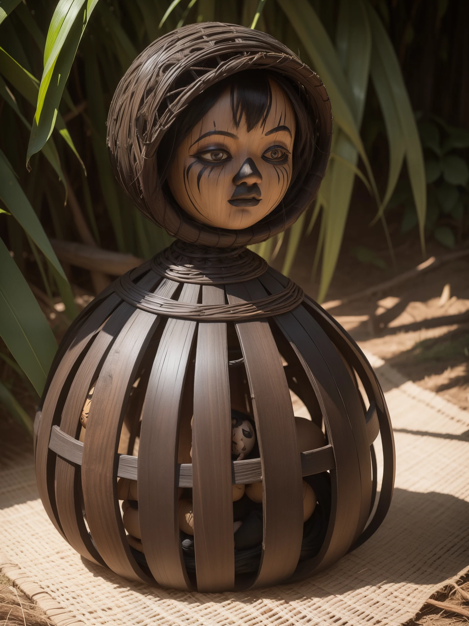 Explore a twisted wooden doll made from rattan vines, a coconut shell on its body, its face painted with black charcoal, expressing a sleepy demeanor.