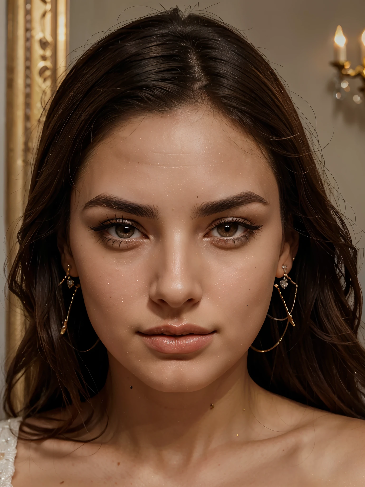 Beautiful Italian woman with protruding brown realistic eyes, realistic full lips, realistic nose, realistic long eyelashes, realistic eyebrows, realistic face, with realistic, beautiful and realistic diamond earring