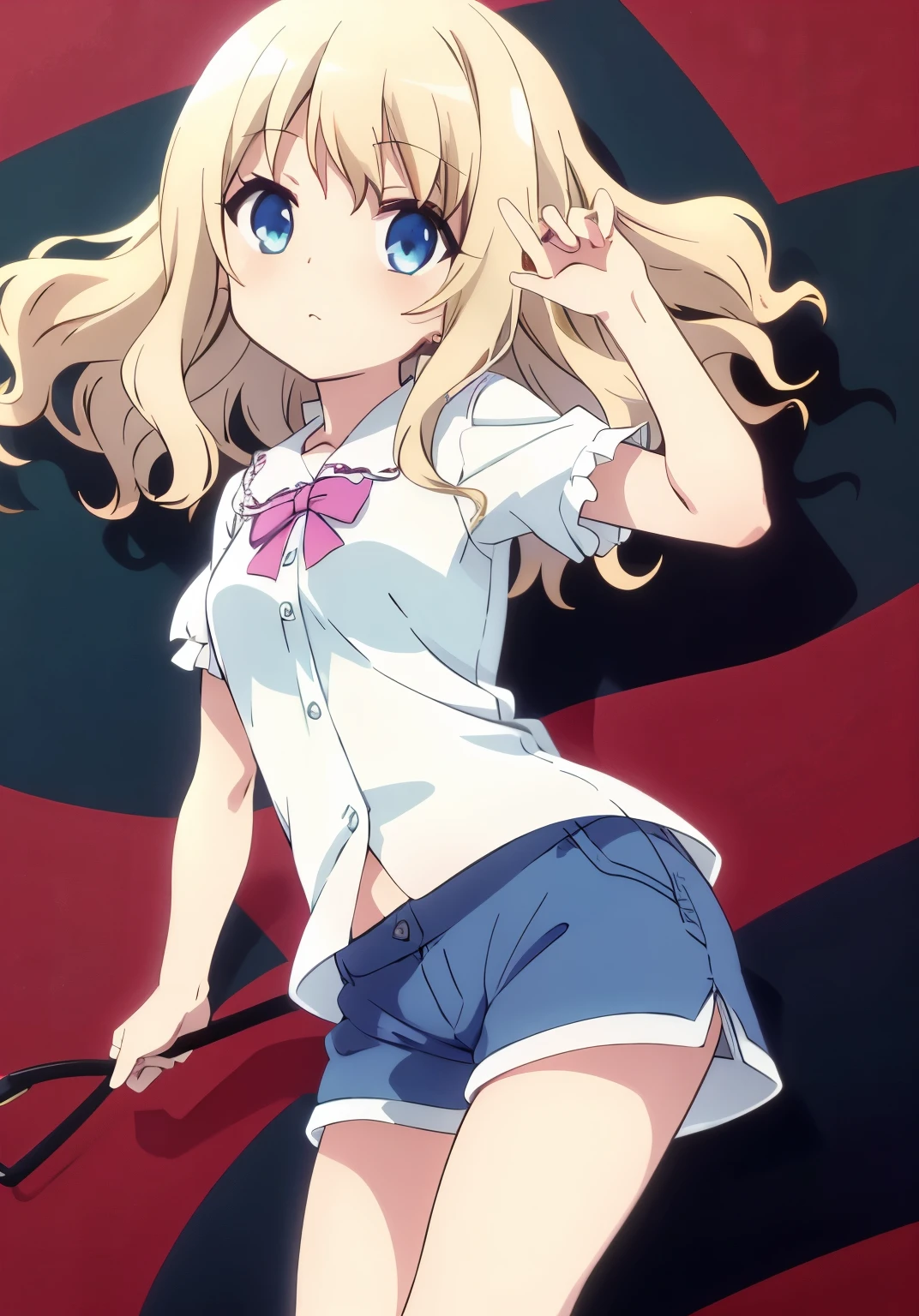highest quality、one girl、wavy blonde hair、white ruffle blouse、blue check culotte shorts