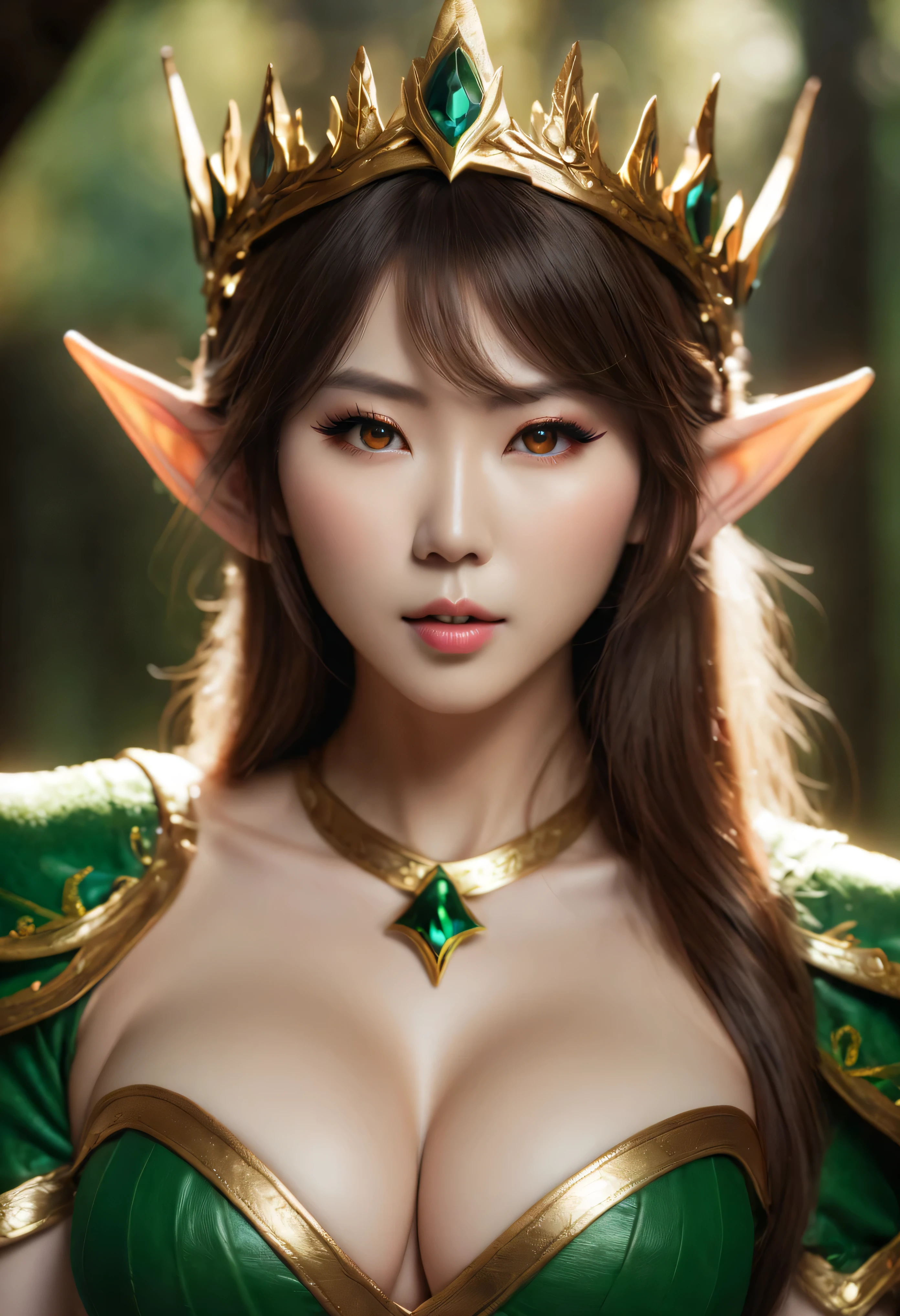 4k highly detailed realistic digital extremely high quality RAW photograph, (a portrait photo of Anri Okita as a fantasy elf queen), JAV idol, busty, (beautiful and detailed eyes: 1.1), seductive, sexy, large breasts, epic, hyperrealistic, hyperrealism, 8k, cinematic lighting, (f1.8 short focus bokeh)