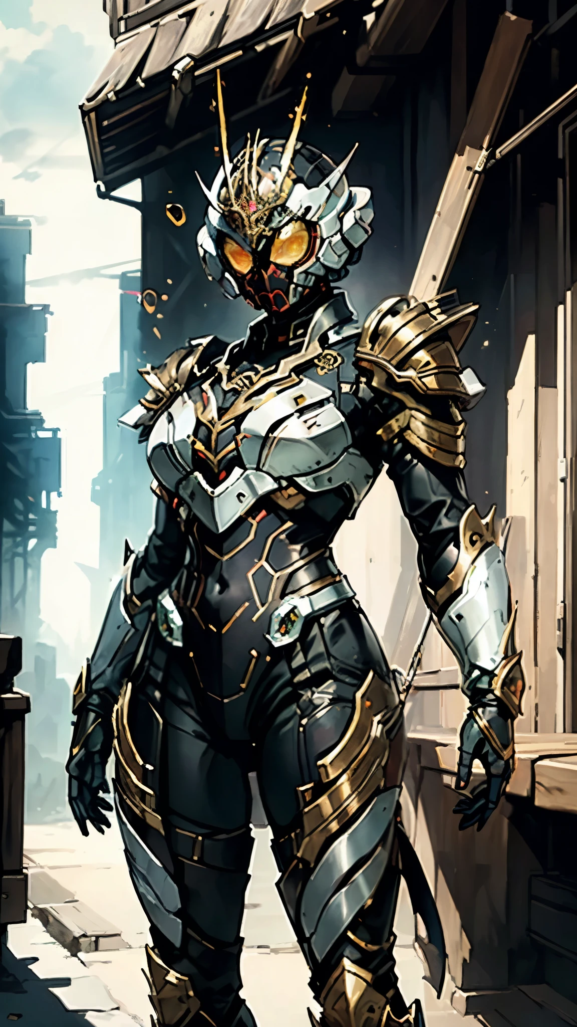 A woman adorned in fantasy-style full-body armor, a crown-concept fully enclosed helmet that unveils only her eyes, a composite layered chest plate, fully encompassing shoulder and hand guards, a lightweight waist armor, form-fitting shin guards, the overall design is heavy-duty yet flexible, (the armor gleams with a golden glow, complemented by red and blue accents), exhibiting a noble aura, she floats above a fantasy-surreal high-tech city, this character embodies a finely crafted fantasy-surreal style armored hero in anime style, exquisite and mature manga art style, (mixture of Queen bee and Spider concept Armor, plasma), ((Element, elegant, goddess, femminine:1.5)), metallic, high definition, best quality, highres, ultra-detailed, ultra-fine painting, extremely delicate, professional, anatomically correct, symmetrical face, extremely detailed eyes and face, high quality eyes, creativity, RAW photo, UHD, 32k, Natural light, cinematic lighting, masterpiece-anatomy-perfect, masterpiece:1.5