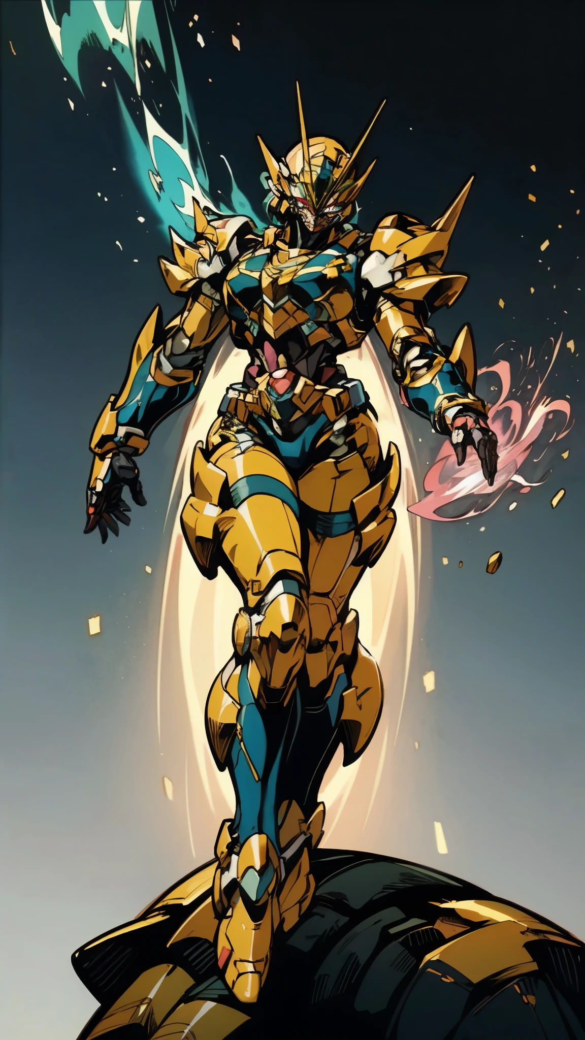 A woman adorned in fantasy-style full-body armor, a crown-concept fully enclosed helmet that unveils only her eyes, a composite layered chest plate, fully encompassing shoulder and hand guards, a lightweight waist armor, form-fitting shin guards, the overall design is heavy-duty yet flexible, (the armor gleams with a golden glow, complemented by red and blue accents), exhibiting a noble aura, she floats above a fantasy-surreal high-tech city, this character embodies a finely crafted fantasy-surreal style armored hero in anime style, exquisite and mature manga art style, (mixture of Queen bee and Spider concept Armor, plasma), ((Element, elegant, goddess, femminine:1.5)), metallic, high definition, best quality, highres, ultra-detailed, ultra-fine painting, extremely delicate, professional, anatomically correct, symmetrical face, extremely detailed eyes and face, high quality eyes, creativity, RAW photo, UHD, 32k, Natural light, cinematic lighting, masterpiece-anatomy-perfect, masterpiece:1.5