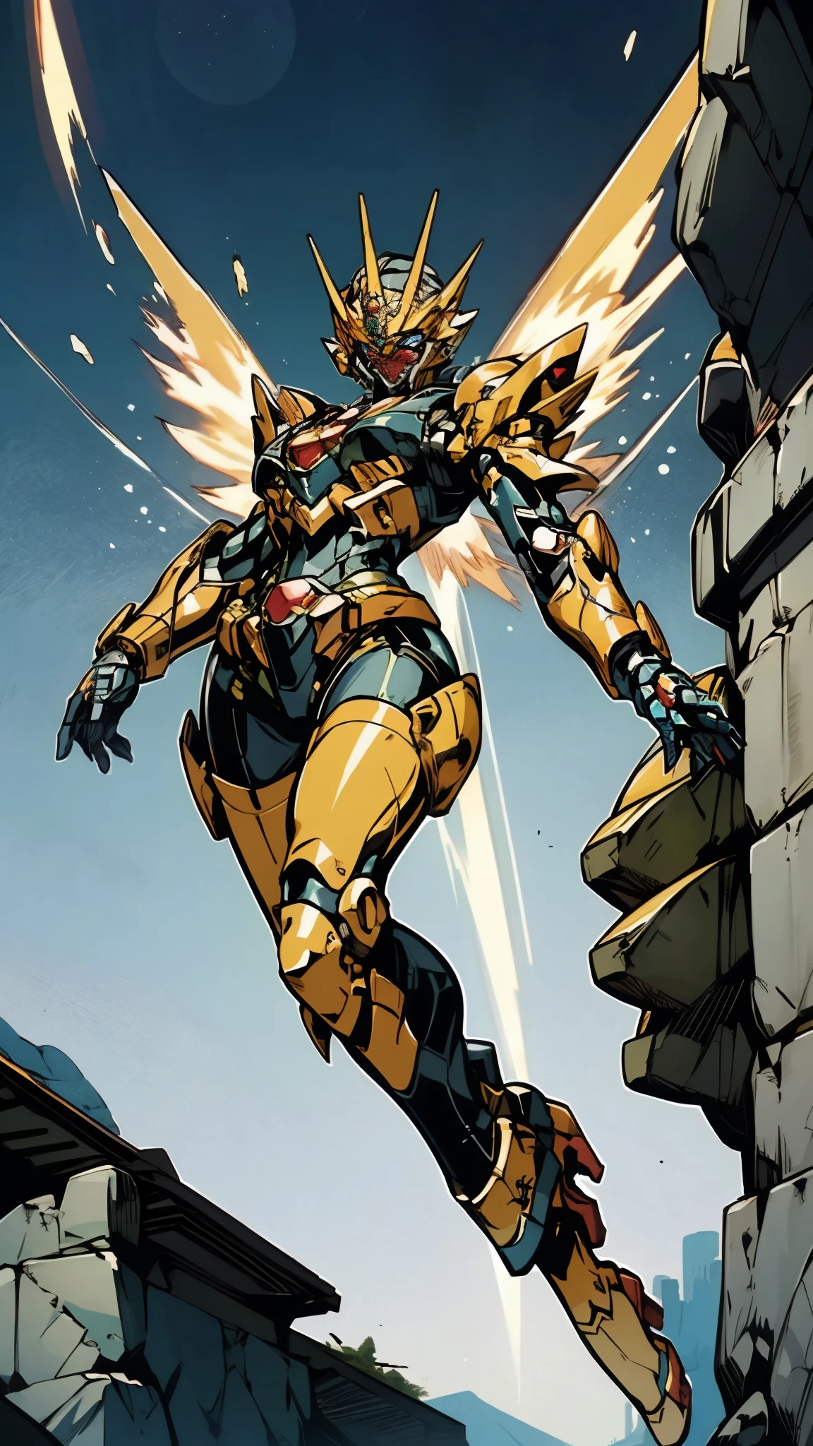 A woman adorned in fantasy-style full-body armor, a crown-concept fully enclosed helmet that unveils only her eyes, a composite layered chest plate, fully encompassing shoulder and hand guards, a lightweight waist armor, form-fitting shin guards, the overall design is heavy-duty yet flexible, (the armor gleams with a golden glow, complemented by red and blue accents), exhibiting a noble aura, she floats above a fantasy-surreal high-tech city, this character embodies a finely crafted fantasy-surreal style armored hero in anime style, exquisite and mature manga art style, (mixture of Queen bee and Spider concept Armor, plasma), ((Element, elegant, goddess, femminine:1.5)), metallic, high definition, best quality, highres, ultra-detailed, ultra-fine painting, extremely delicate, professional, anatomically correct, symmetrical face, extremely detailed eyes and face, high quality eyes, creativity, RAW photo, UHD, 32k, Natural light, cinematic lighting, masterpiece-anatomy-perfect, masterpiece:1.5