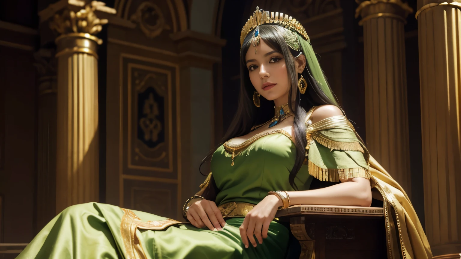 ((mejor calidad, 8K, mesa)), foto RAW, Retrato fotorrealista de Cleopatra, salon々traje egipcio, cinematographic, detalles, Visualmente impresionante, apariencia natural、obra maestra, Mejor calidad, alta calidad, high resolution, CON UNA CORONA DE HOJAS VERDES DE LAUREL SENTADA EN UN TRONO ROMANO