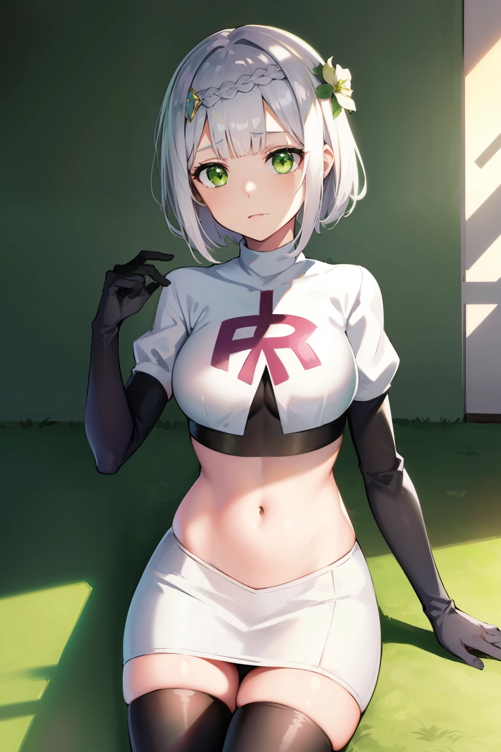 genshinnoelle, noelle, braid, flower, hair flower, hair ornament, short hair, silver hair, (green eyes:1.5),team rocket,team rocket uniform,white skirt,crop top,black thigh-high boots,black elbow gloves,