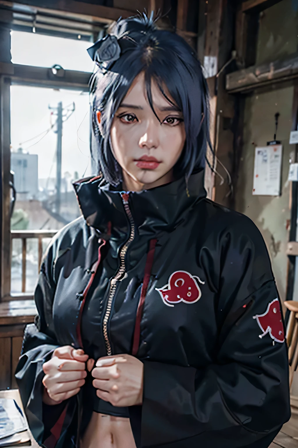 (8k, RAW photo), (best quality), (masterpiece), (realistic,) (photo-realistic),(highres), ultra-detailed, (realism:1.1),beautiful face,
(1girl:1.1),woman,(looking at viewer),cowboy shot,japanese,
konan \(naruto\), (akatsuki outfit:1.1), labret piercing,
dark blue hair, huge tits, abs seen
professional lighting, photon mapping, physically-based rendering,
dark theme,