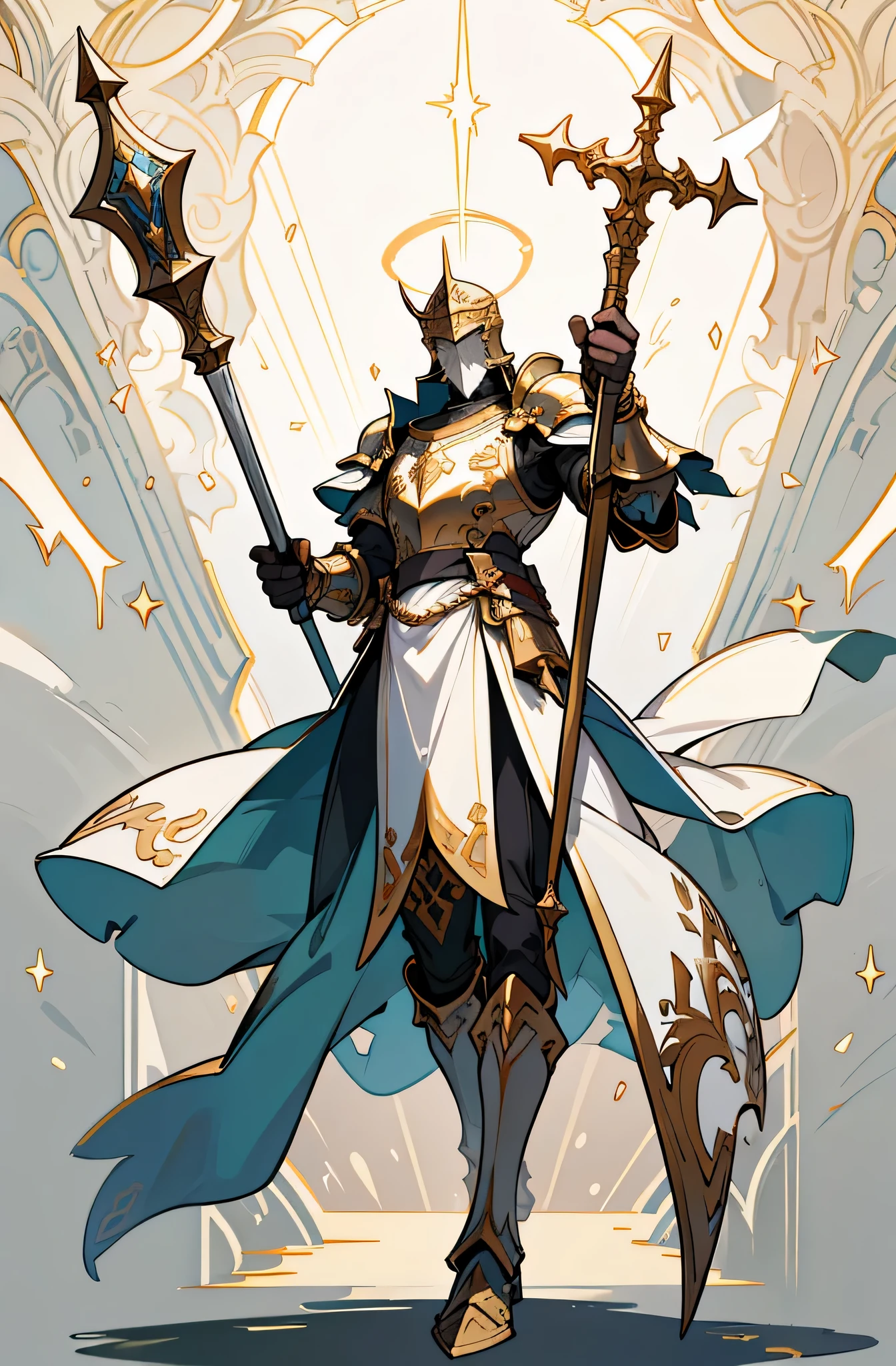 game character design，holy paladin，tasteful, Heavy armor that covers the entire body.，Helmet，he has a strong and wonderful scepter.，heavy boots，（Full body Esbian：1.4），~ side，solid color background，cute background，written boundary depth，highlight，real light，ray tracing，OC rendering，surreal，highest quality，8k，works of masters，super fine，detailed pubic hair，correct anatomy，Bokeh，The facial parts are also carefully drawn.,((strong guy)),