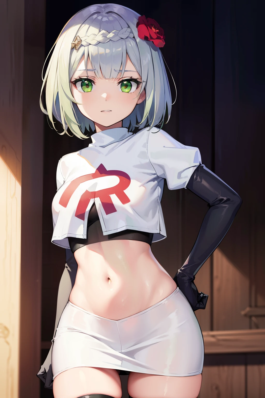 genshinnoelle, noelle, braid, flower, hair flower, hair ornament, short hair, silver hair, (green eyes:1.5),team rocket,team rocket uniform,white skirt,red letter R,crop top,black thigh-highs,black elbow gloves