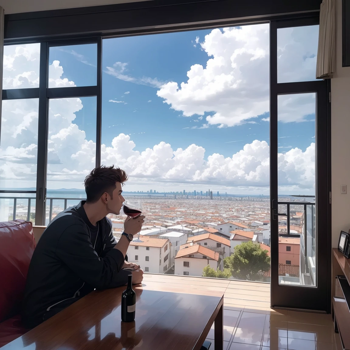 HOMBRE MIRANDO LAS NUBES DESDE SU DEPARTAMENTO EN UN DIA CON MUCHAS NUBES, TOMANDO UN VINO EN COPA