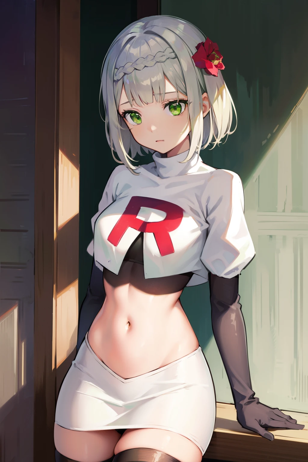 genshinnoelle, noelle, braid, flower, hair flower, hair ornament, short hair, silver hair, (green eyes:1.5),team rocket,team rocket uniform,white skirt,red letter R,crop top,black thigh-highs,black elbow gloves 