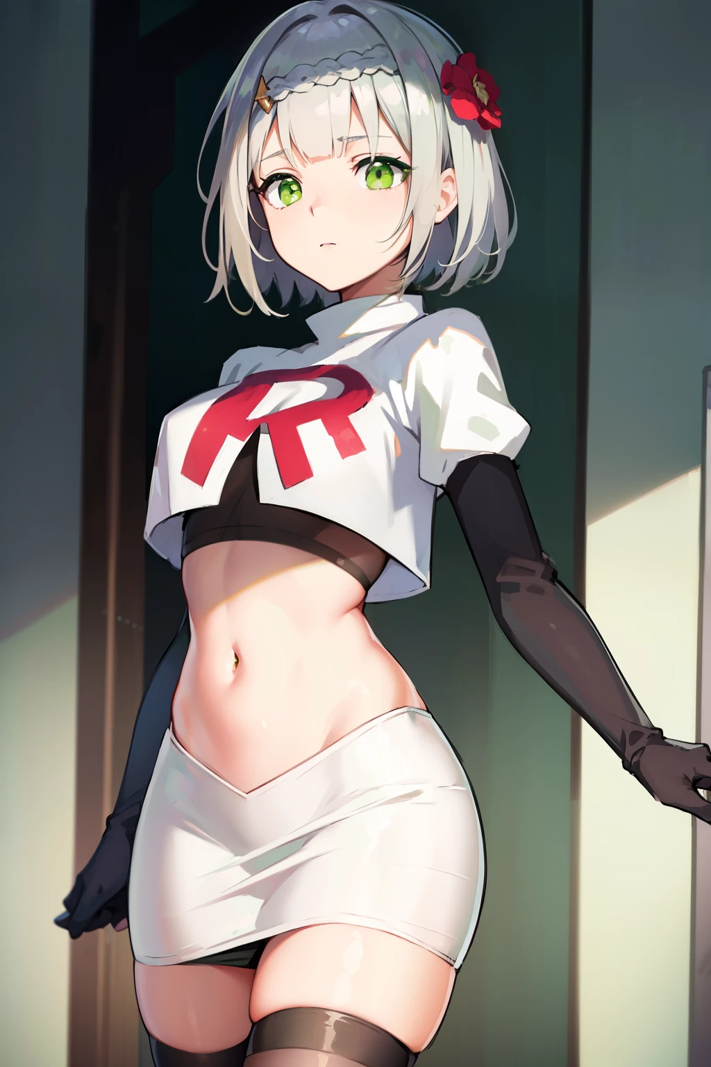 genshinnoelle, noelle, braid, flower, hair flower, hair ornament, short hair, silver hair, (green eyes:1.5),team rocket,team rocket uniform,white skirt,red letter R,crop top,black thigh-highs,black elbow gloves 