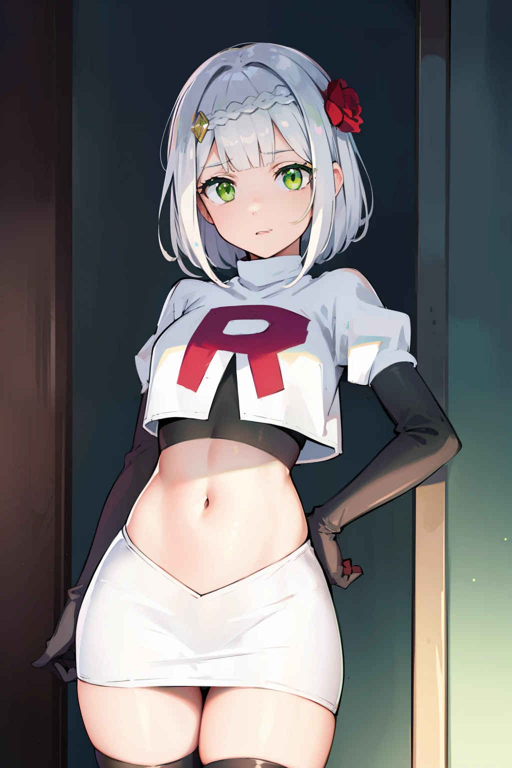 genshinnoelle, noelle, braid, flower, hair flower, hair ornament, short hair, silver hair, (green eyes:1.5),team rocket,team rocket uniform,white skirt,red letter R,crop top,black thigh-highs,black elbow gloves 