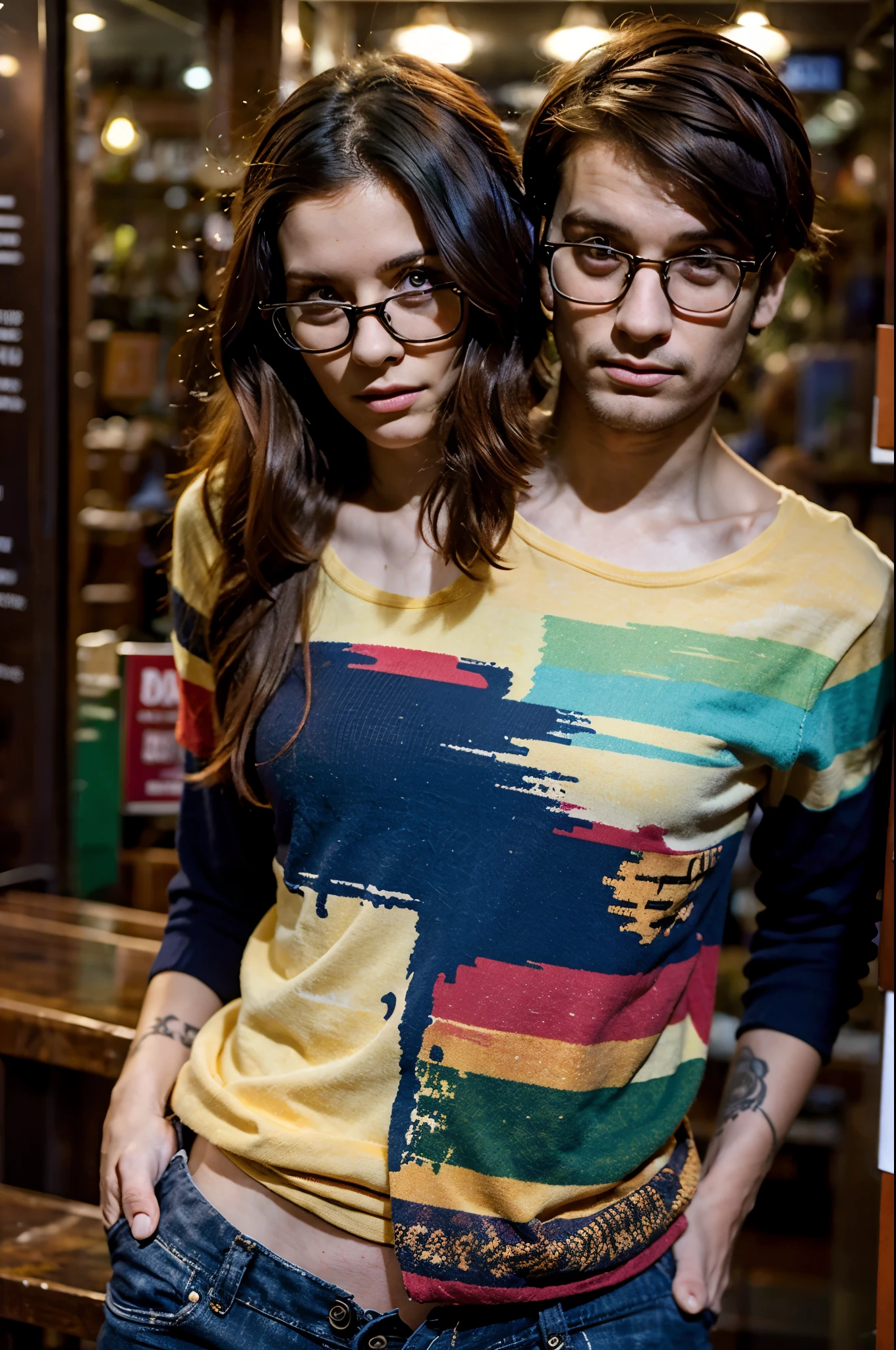 2heads, male female couple, age 28, two heads on one body, one torso, hipsters, multicolored hair, hipster fashion, in bookstore,