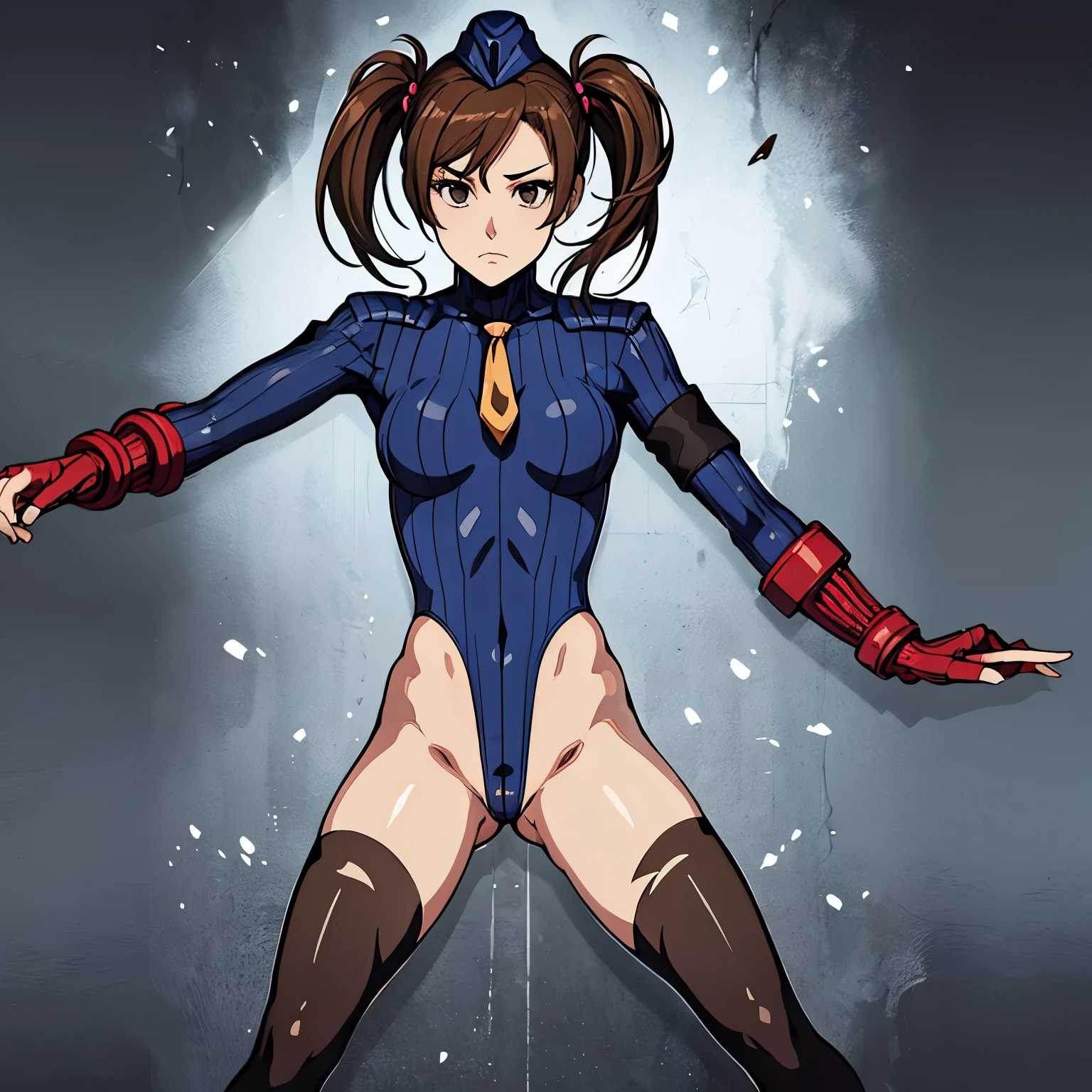 ultra-detailed, Explicit, Beautiful body, Beautiful Nose, Beautiful character design, perfect eyes, perfect face, ultra highres, 4K, beautiful legs, perfect legs, Nice hands, Perfect hand, Masterpiece, Best Quality, Highly detailed, illustration, absurdres, perfect anatomy, street fighter, doll suit, shadaloo doll, dollsuit, expressionless, blank eyes, looking at viewer, red gloves, emotionless, black latex, corrution, mind control, female combatant, full body, hypnotized, unhappy trance, full body suit, ribbed bodysuit, both arms at side, obey, perfect female body, extremely glossy latex, hypnosis, hypnoLora, empty eyes, Mind control device, poses, submissive_pose, Slave, standing straight, standing, standing at attention, hat, necktie, belt, latex, ribbed bodysuit, thighhighs, garter belt, Fighting Stance, extending the right arm from the shoulder into the air with a straightened hand, military, thigh boots, 1girl, hair ornaments, brown hair, short hair, brown eyes, (((pixel-perfect, detail-perfect))), solo, 1girl, Fukuzawa Yumi, short twin tails