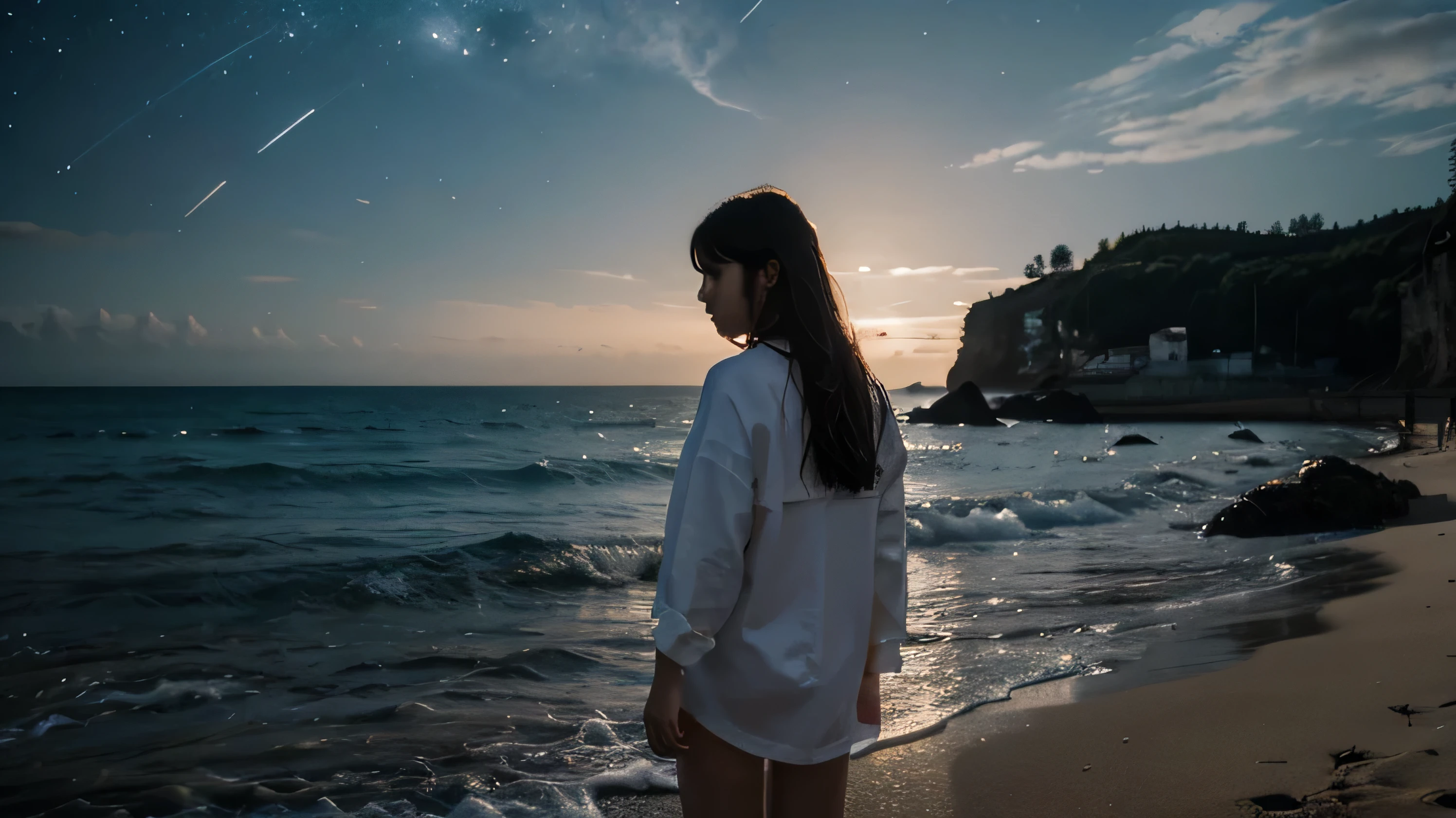 beautiful anime scenery,beira-mar,cheio de estrelas,1 garota,Um girl standing near the sandy beach,Contemple as estrelas,a small rocky area,vento leve,France, grande estrela brilhante3um,noite, Estrela cadente,Luar,moon water surface,hand drawn illustration