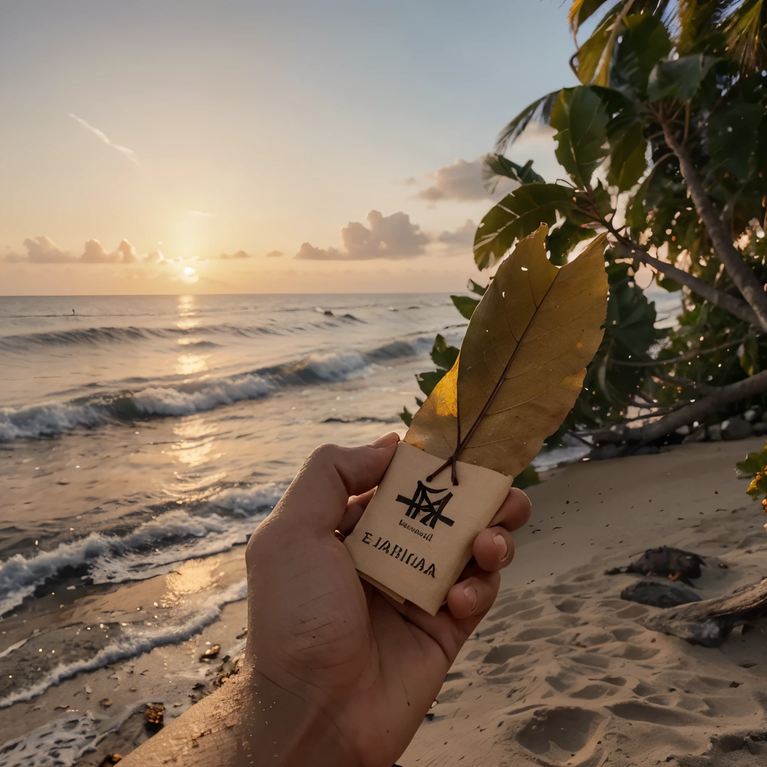 Farjana name in stylish font on a dried leaf of a tree, hand holding the leaf at sunset by the sea (best quality, 8k ultra hd, realistic), vivid colors, bokeh, professional lighting, detailed hand and leaf, peaceful scenery, tranquil atmosphere, gentle waves, warm golden tones, serene beach, soft breeze
