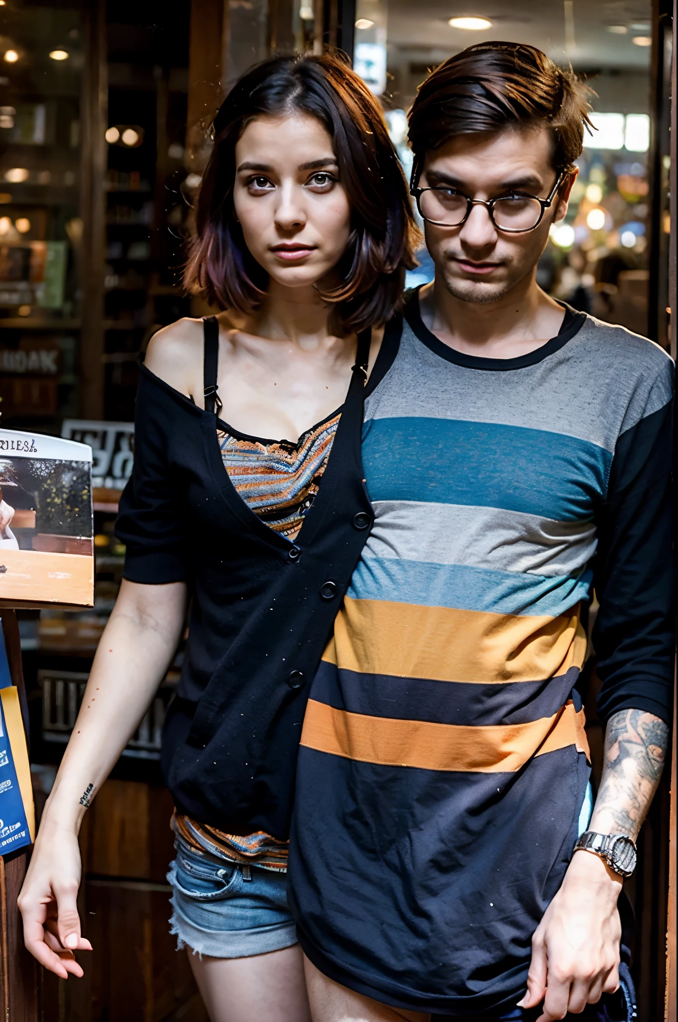 2heads, male female couple, age 28, two heads on one body, one torso, hipsters, multicolored hair, hipster fashion, in bookstore,