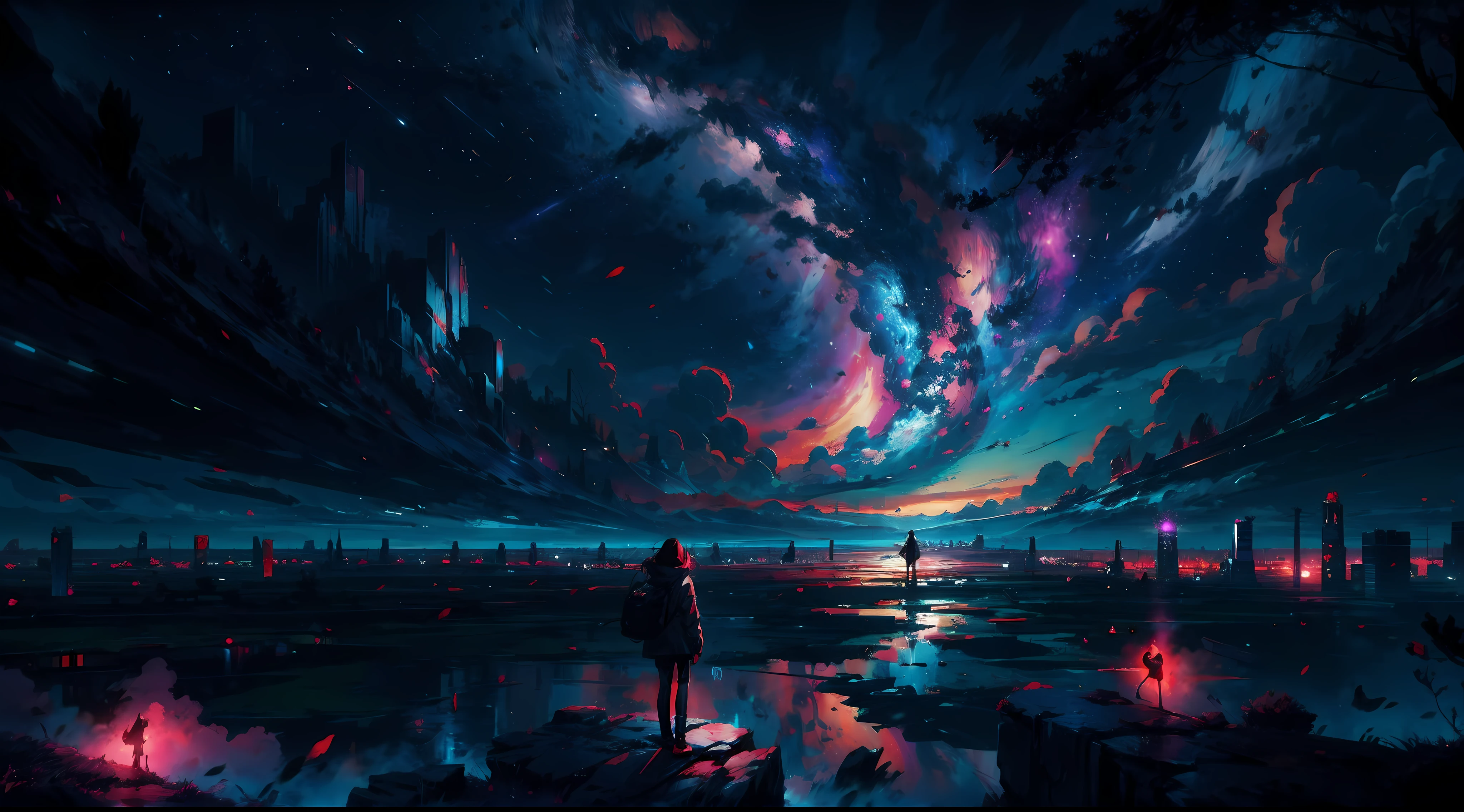 Anime girl standing on a rock looking at a sky full of stars, Makoto Shinkai Cirilo Rolando, Anime Art Wallpaper 4K, Anime Art Wallpaper 4K, Anime Art Wallpaper 8K, cosmic skies. por makoto shinkai, inspirado em Cyril Rolando, No estilo Dan Mumford obra de arte, paper awesome wallpaper, por Yuumei