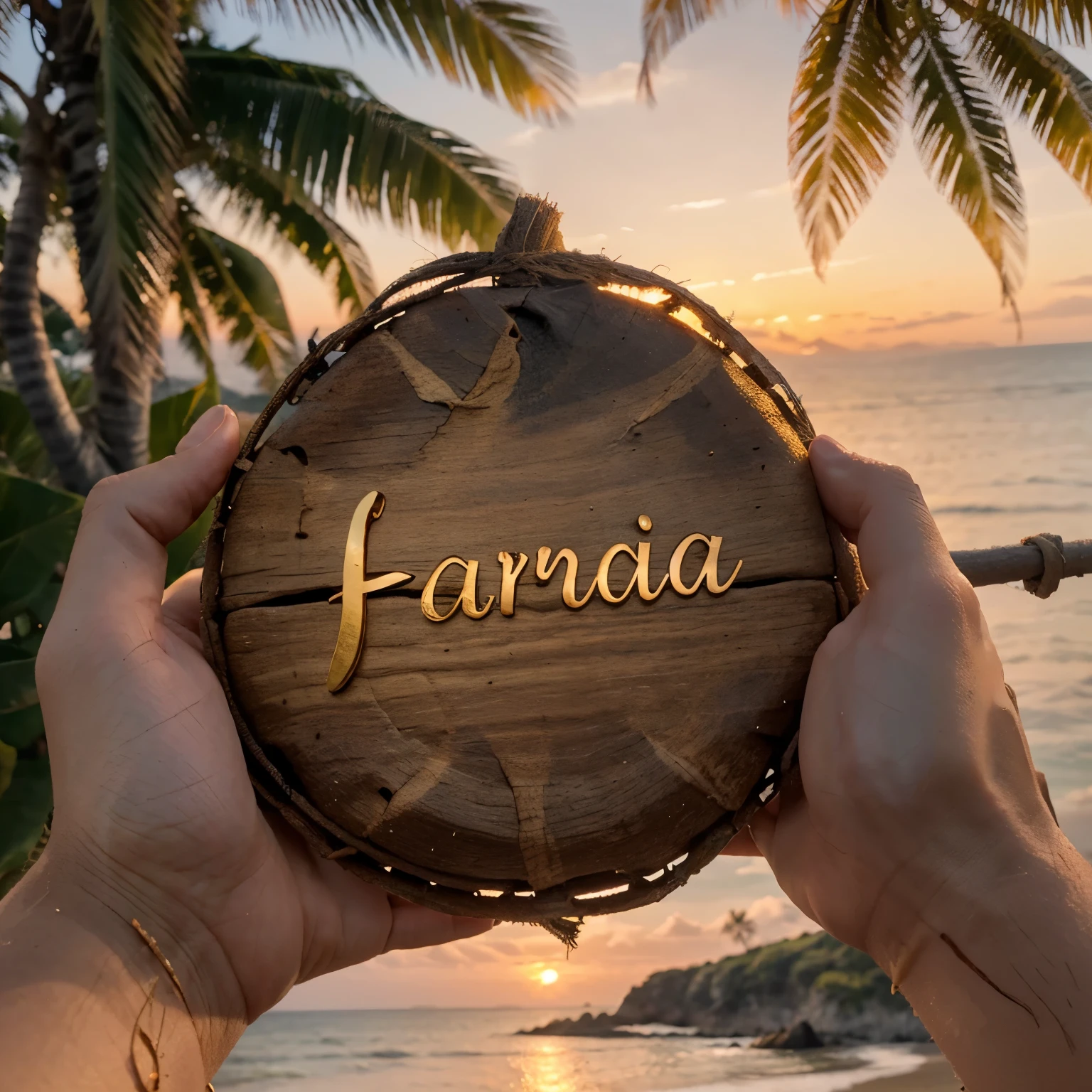 Farjana name in stylish font on a dried leaf of a tree, hand holding the leaf at sunset by the sea (best quality, 8k ultra hd, realistic), vivid colors, bokeh, professional lighting, detailed hand and leaf, peaceful scenery, tranquil atmosphere, gentle waves, warm golden tones, serene beach, soft breeze