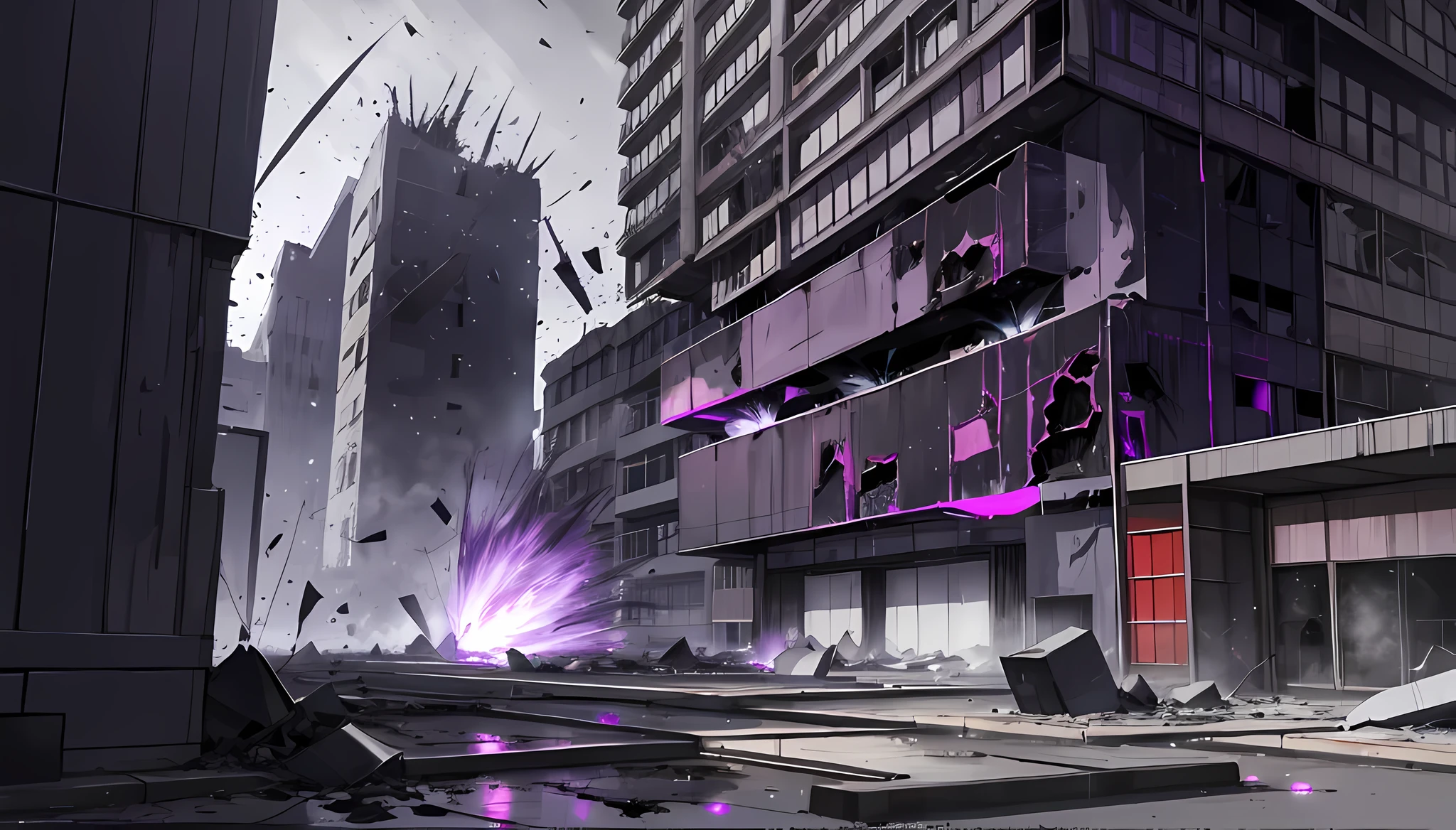 light particles, plume noire qui tombe, plasma violet, sombre, Sombre, concrete, destroyed, Japon, building, absurdes, high resolution, ultra-tranchant, plan large., 8K, chef-d'artwork, best quality, best quality, accurate, prime, high resolution