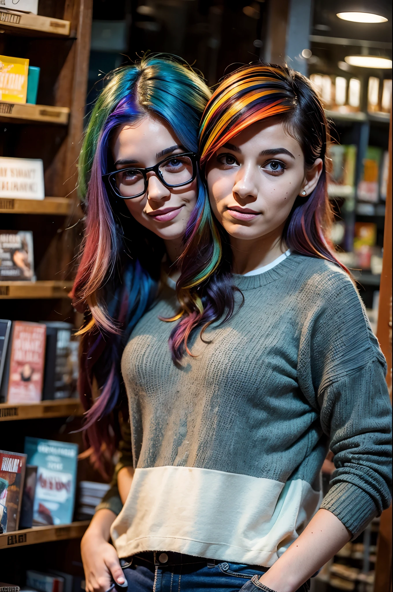 2heads, male female couple, age 28, two heads on one body, one torso, hipsters, multicolored hair, hipster fashion, in bookstore,